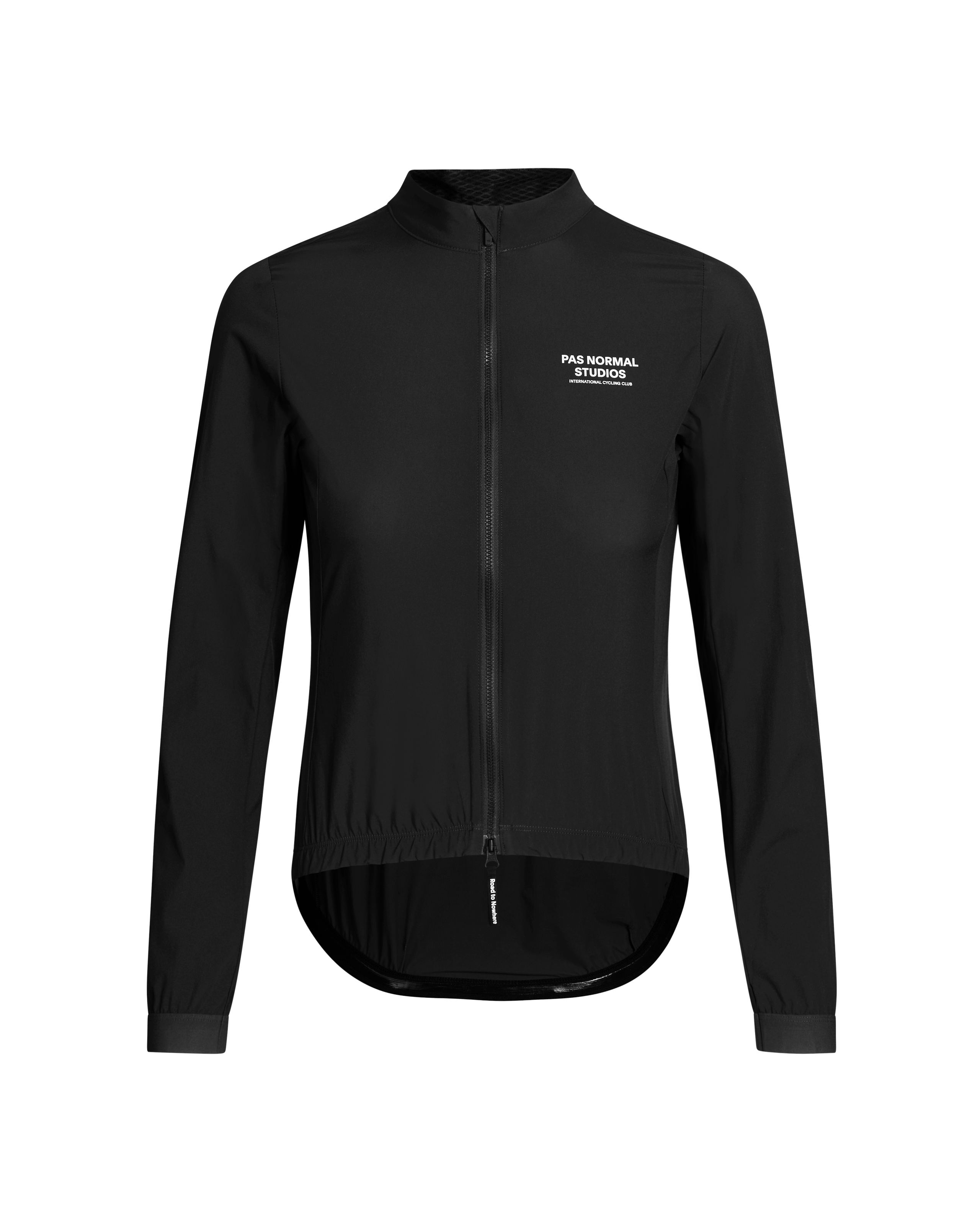 Black Mechanism Stow Away cycling jacket, front view with white chest logo and elastic hem