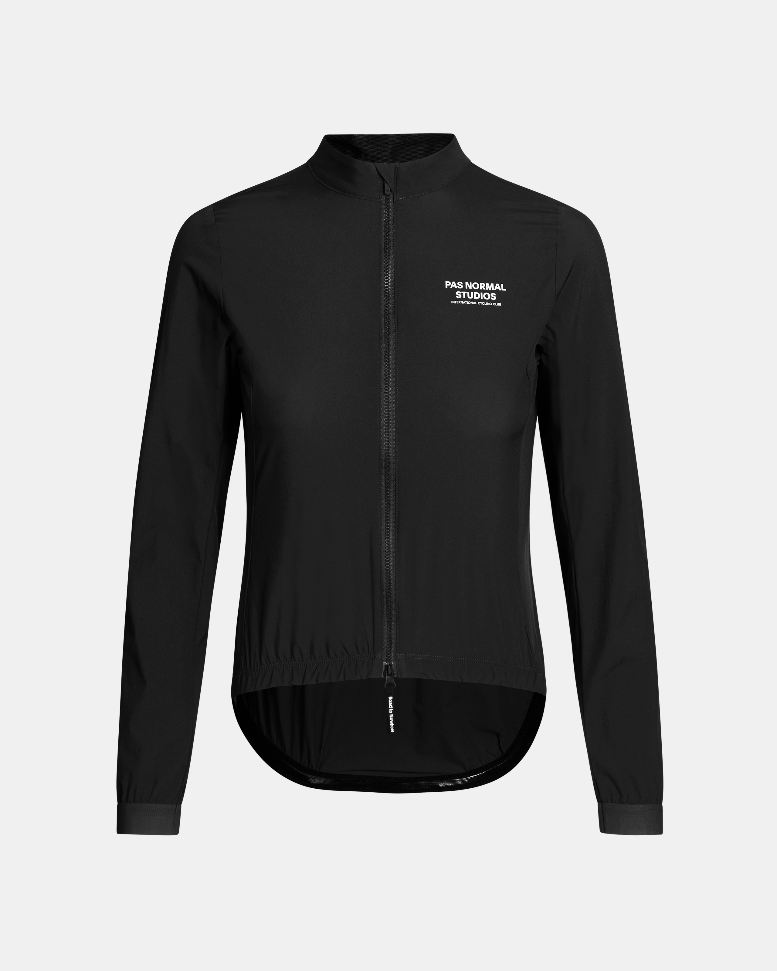 Black Mechanism Stow Away cycling jacket, front view with white chest logo and elastic hem