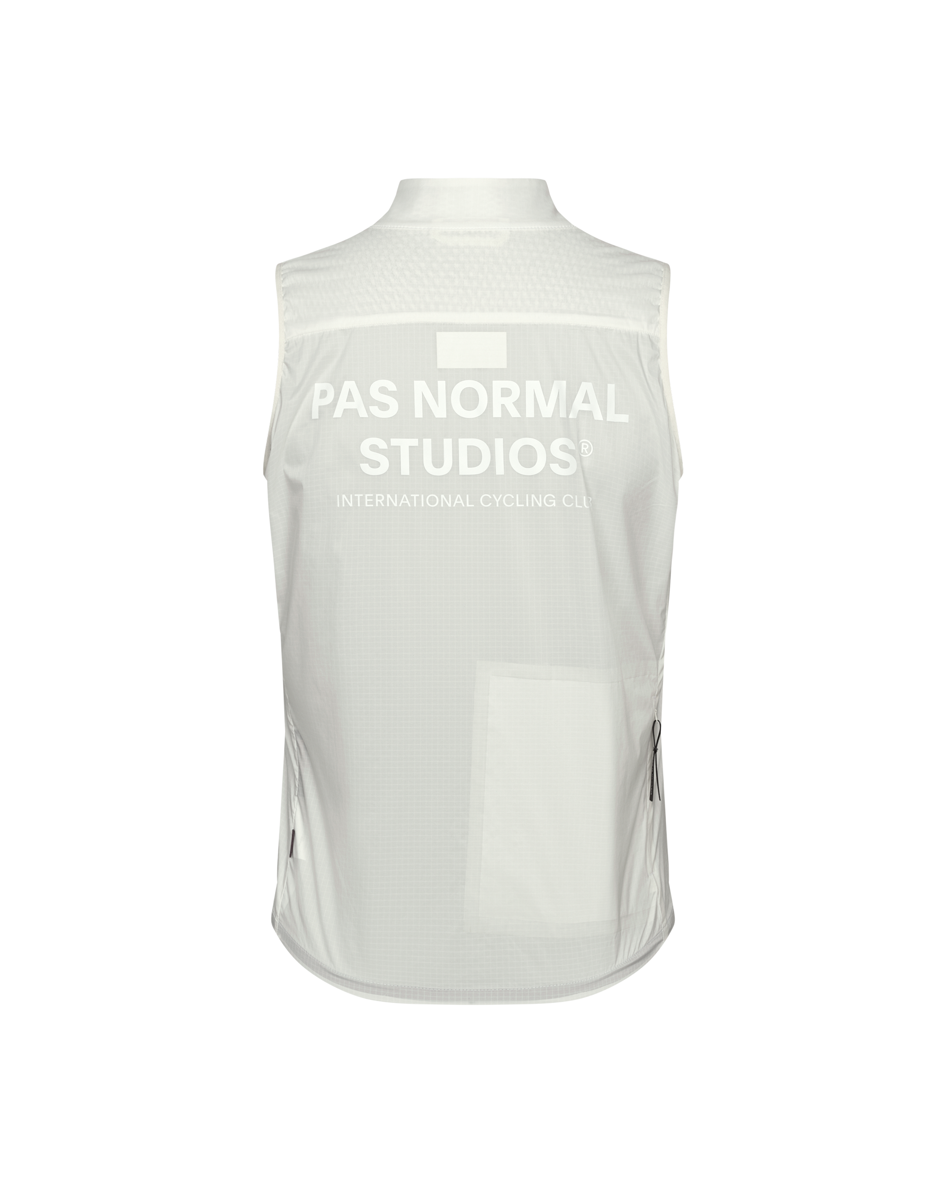 Off White Essential cycling gilet, rear flat lay with white back logo print and rear pocket