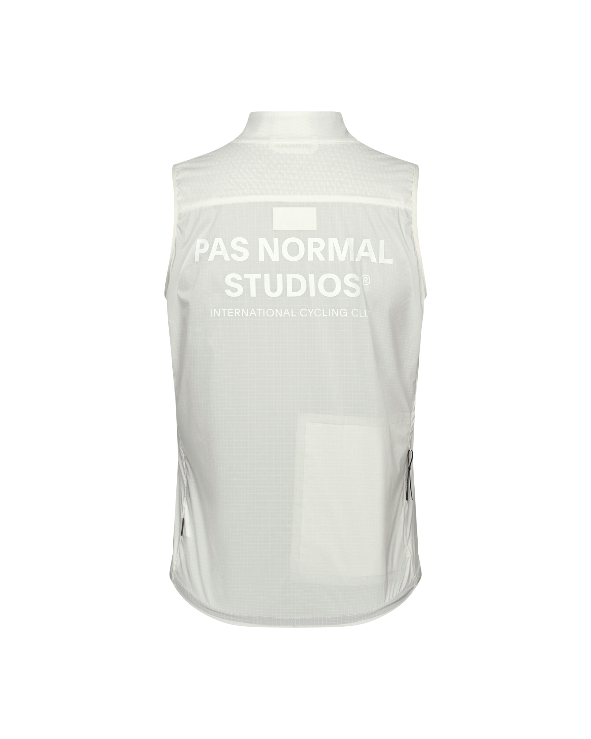 Off White Essential cycling gilet, rear flat lay with white back logo print and rear pocket