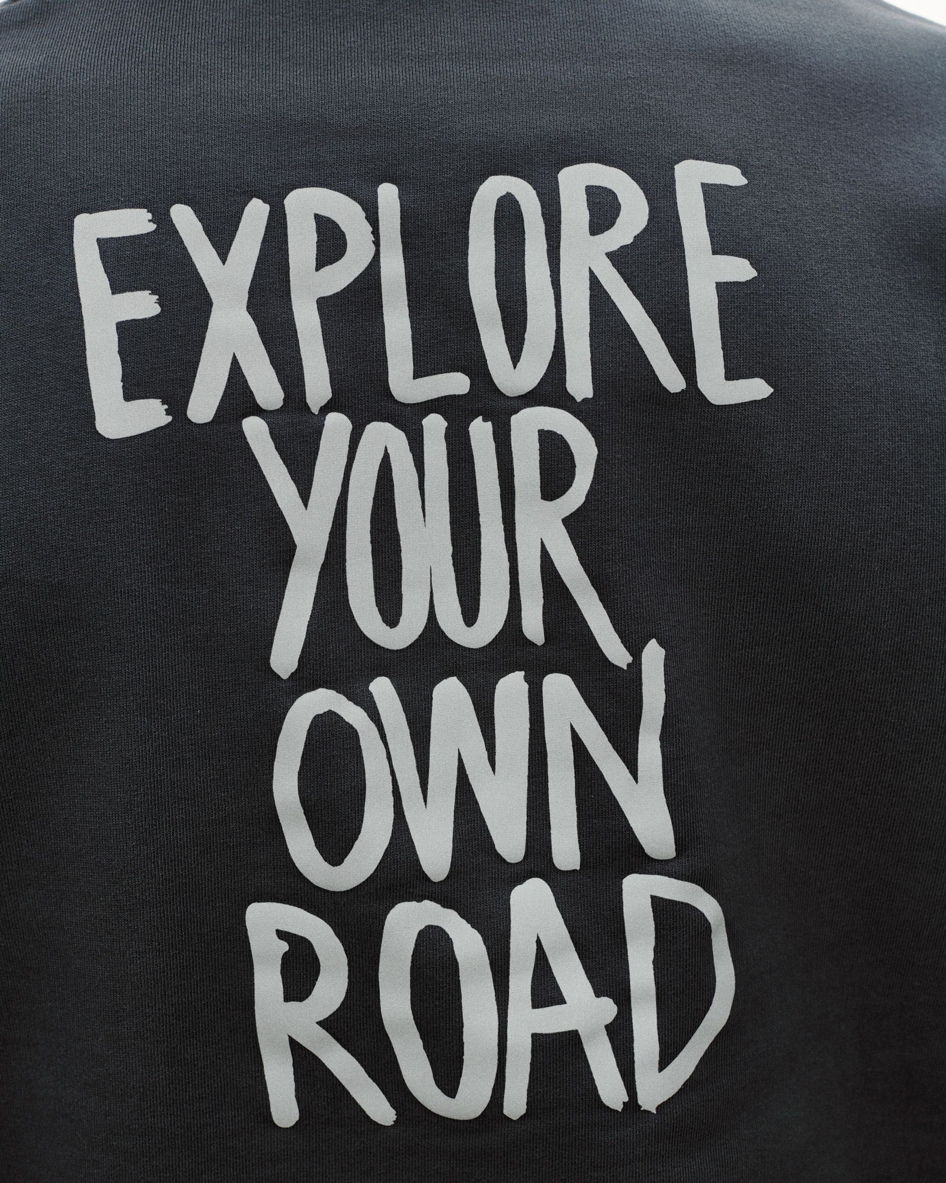Dark Navy Off-Race Graphic hoodie detail view with white Explore Your Own Road text print