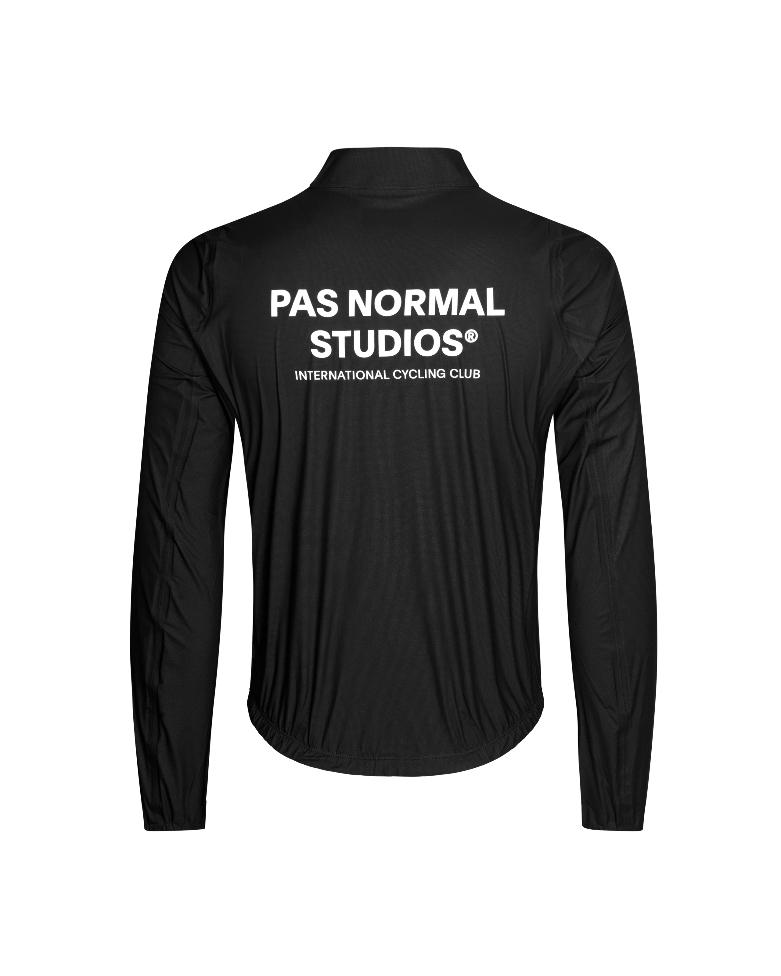 Black Mechanism rain jacket, rear view with white logo and elastic hem