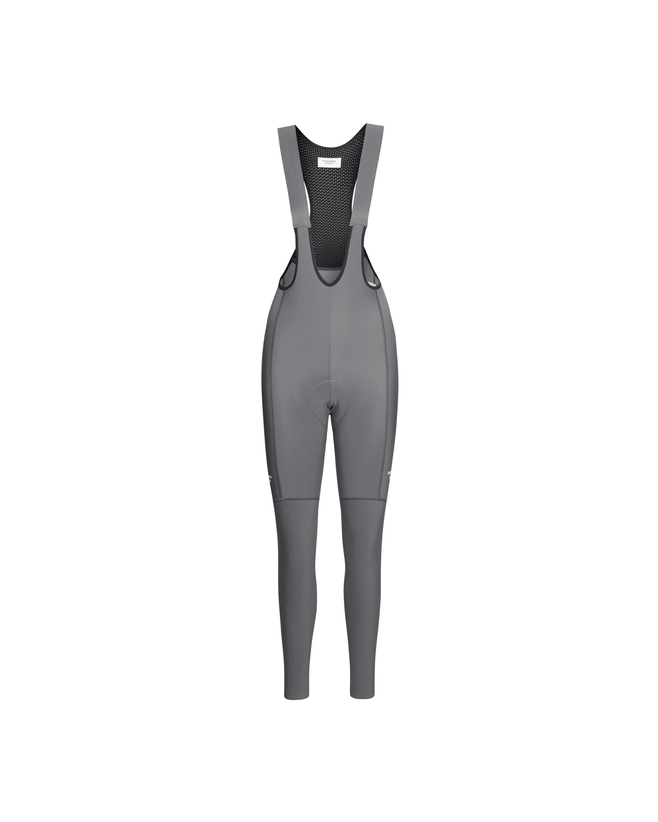 Grey Essential Thermal Long cycling bibs, front flat lay with mesh bib panel