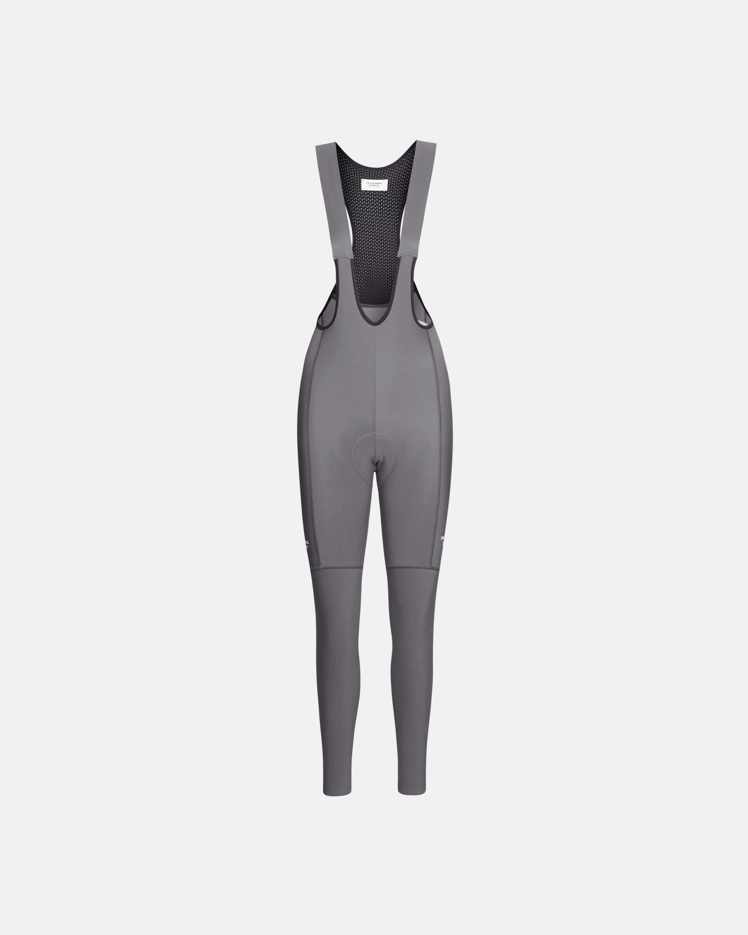 Grey Essential Thermal Long cycling bibs, front flat lay with mesh bib panel