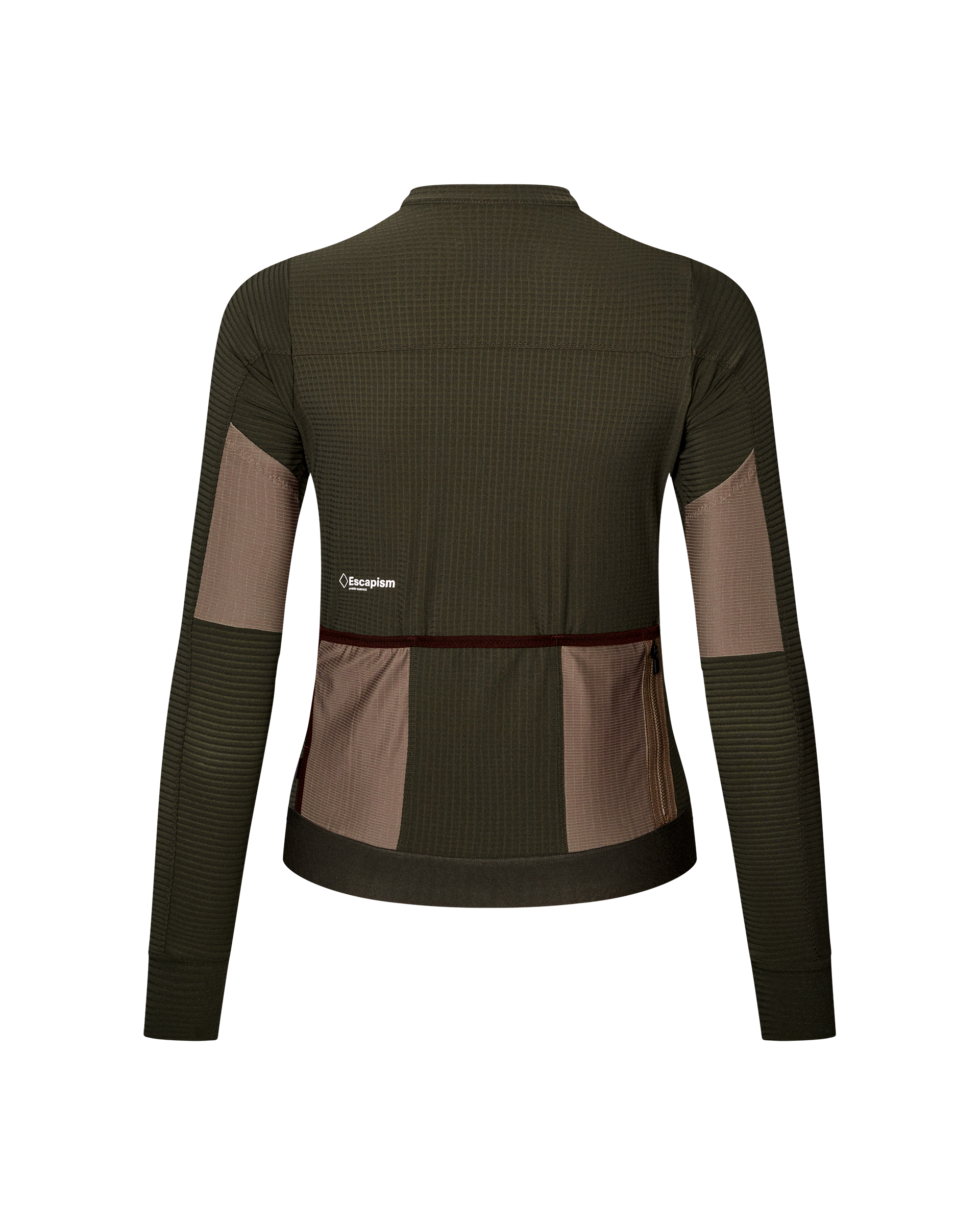Dark Olive Escapism long sleeve cycling jersey, rear view with tan side panels and back pockets