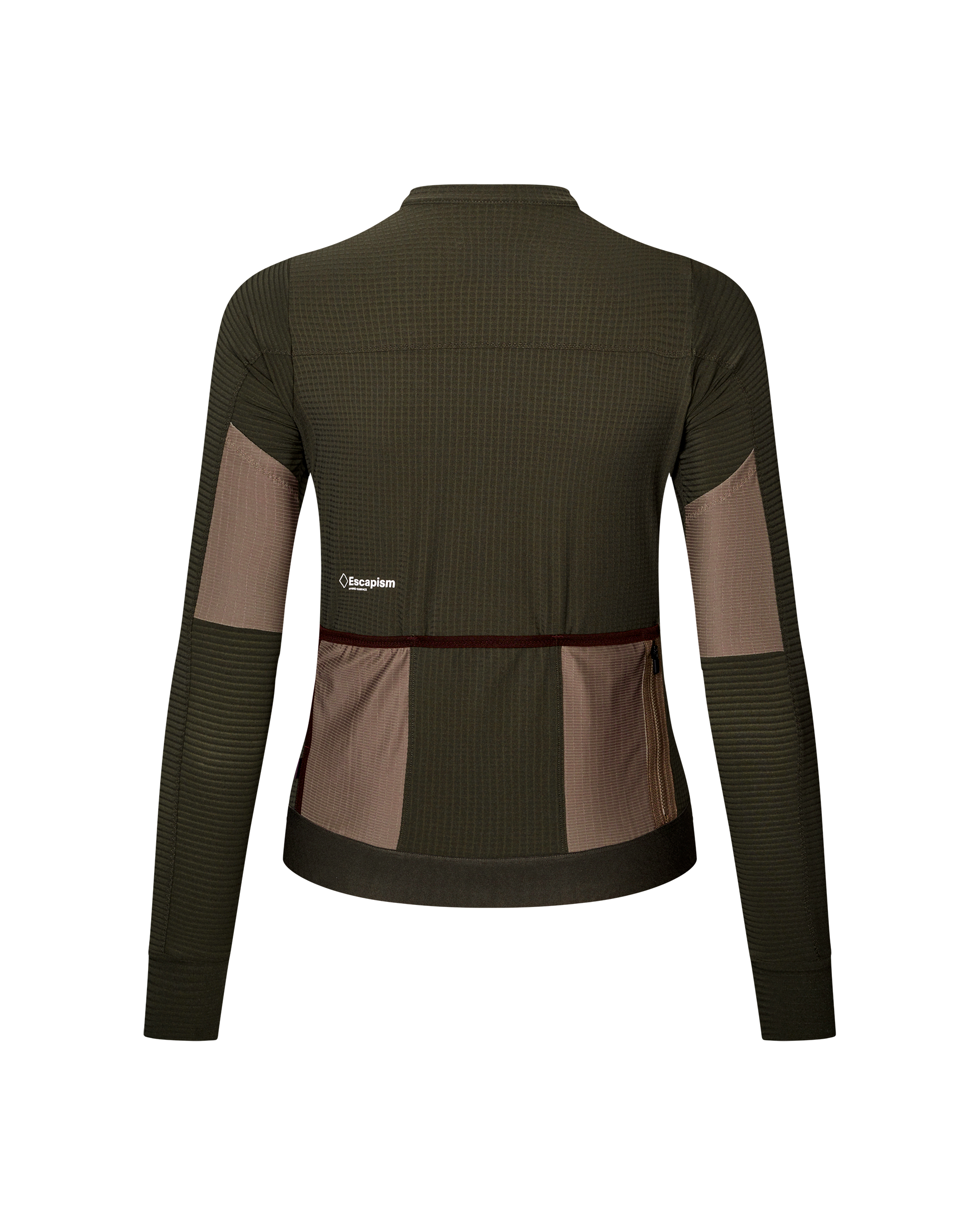 Dark Olive Escapism long sleeve cycling jersey, rear view with tan side panels and back pockets