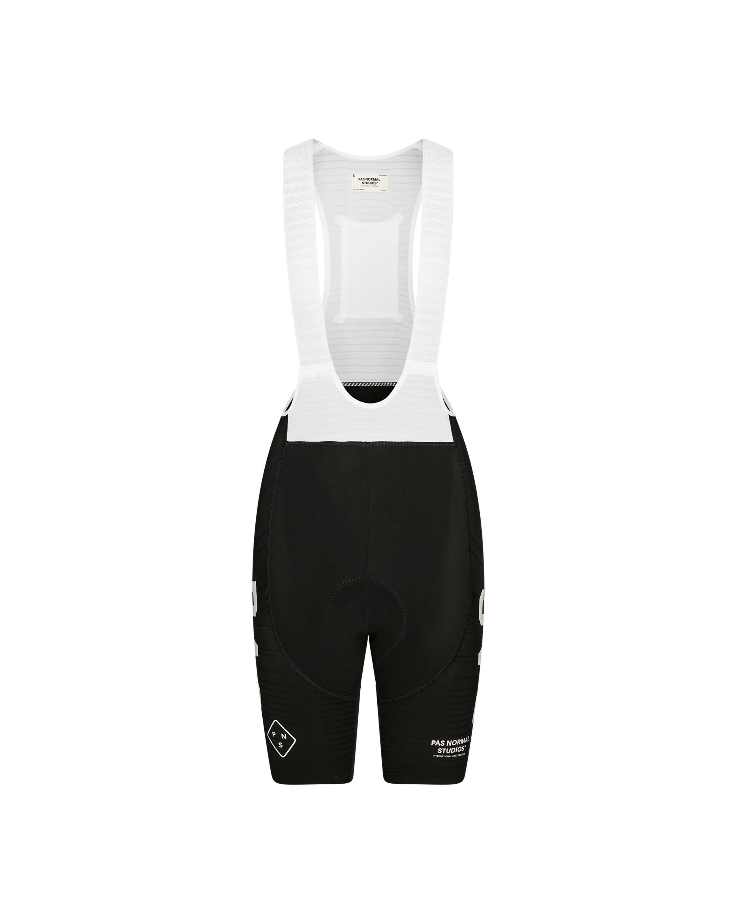 Black PAS Mechanism Pro cycling bibs, front flat lay with white bib straps and mesh back panel