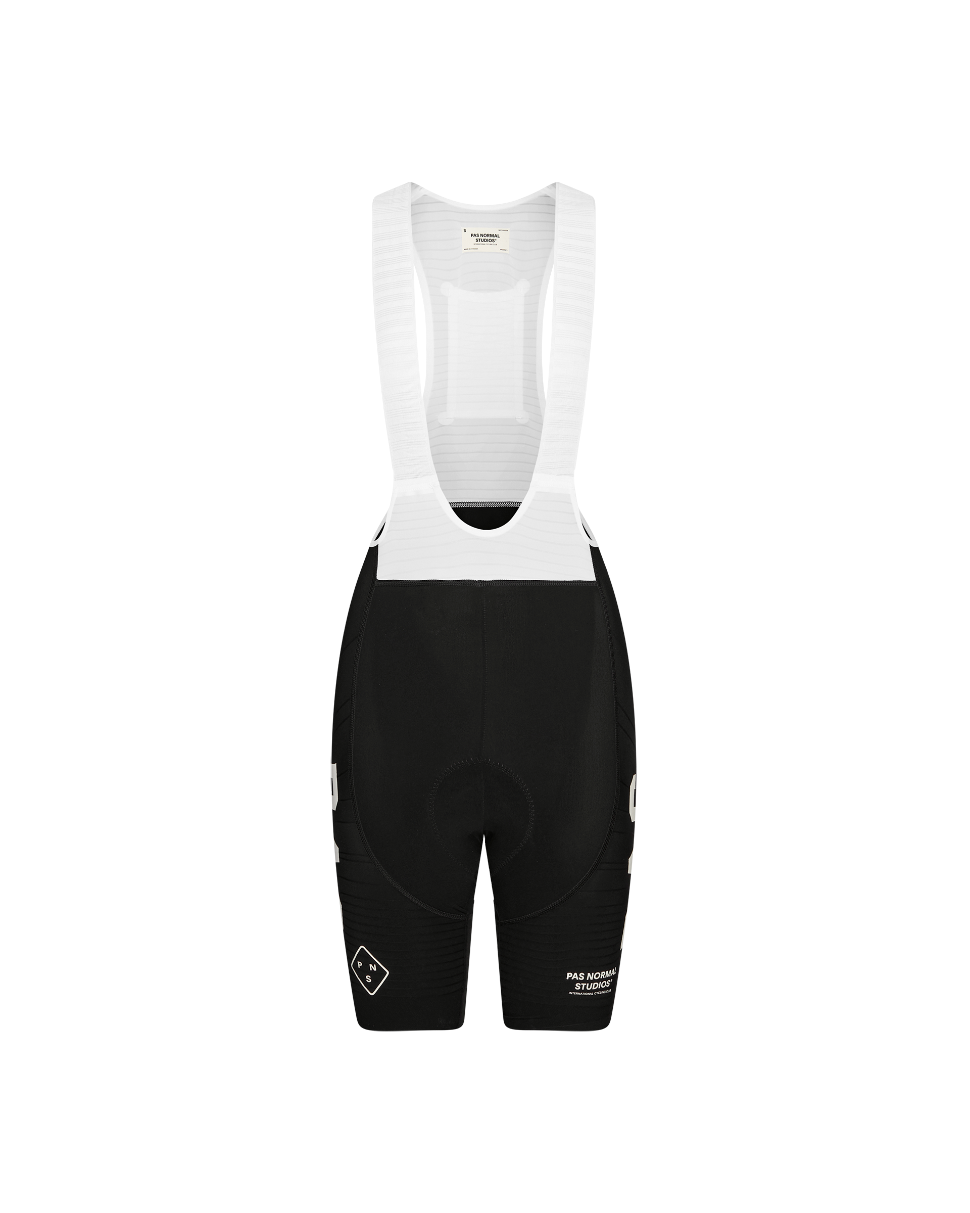 Black PAS Mechanism Pro cycling bibs, front flat lay with white bib straps and mesh back panel