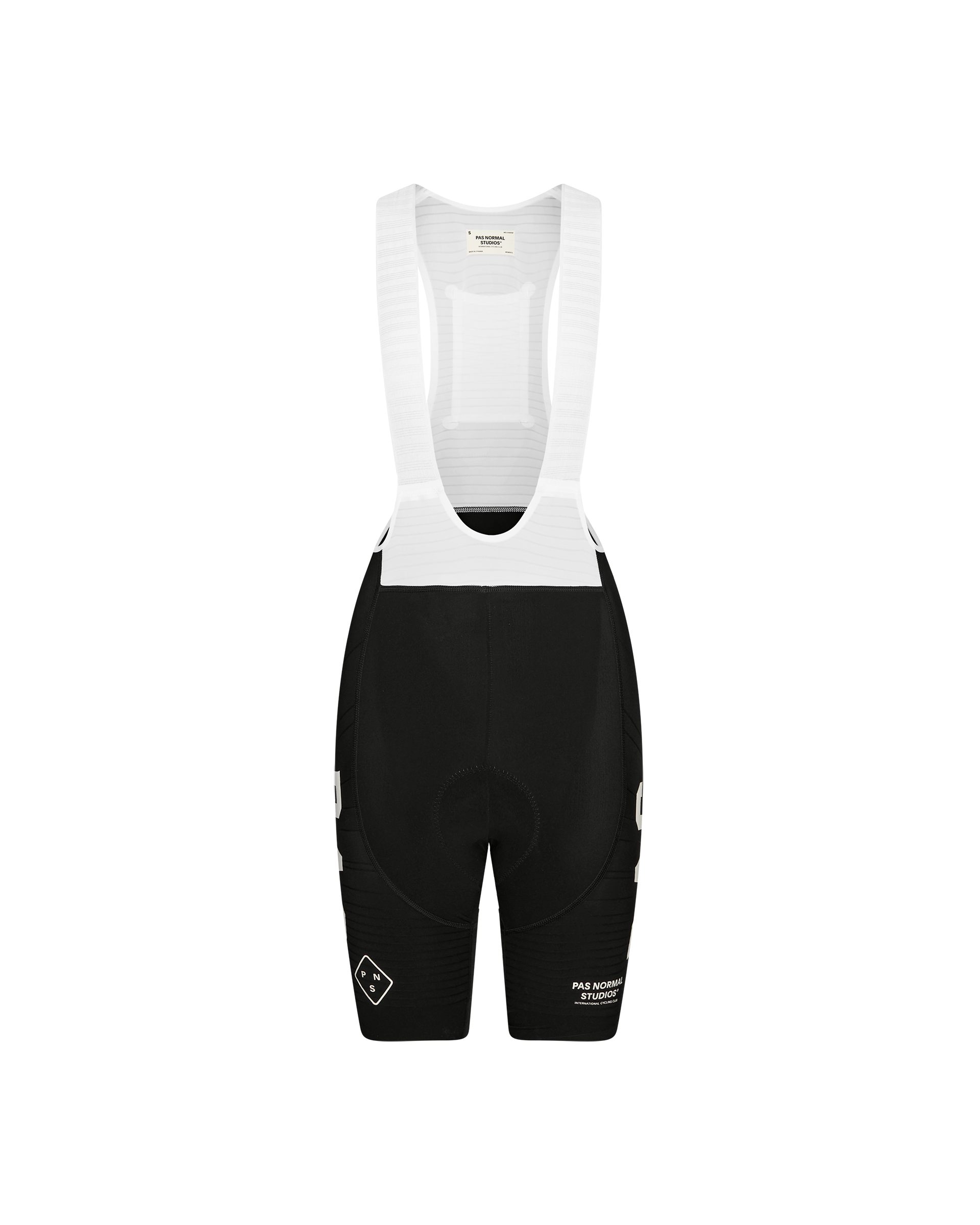 Black PAS Mechanism Pro cycling bibs, front flat lay with white bib straps and mesh back panel
