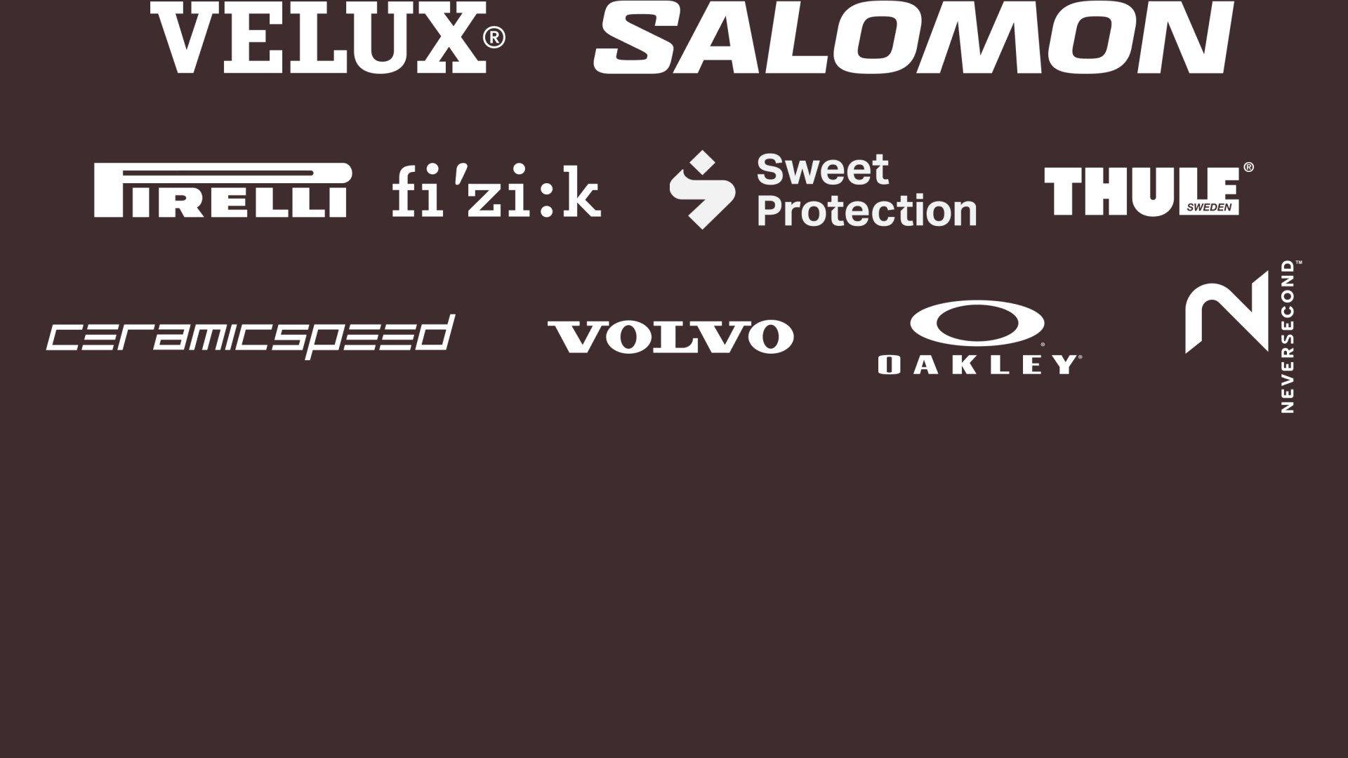 Brand partner logos on dark background including Velux, Salomon, Pirelli, Fizik, Sweet Protection, and Thule