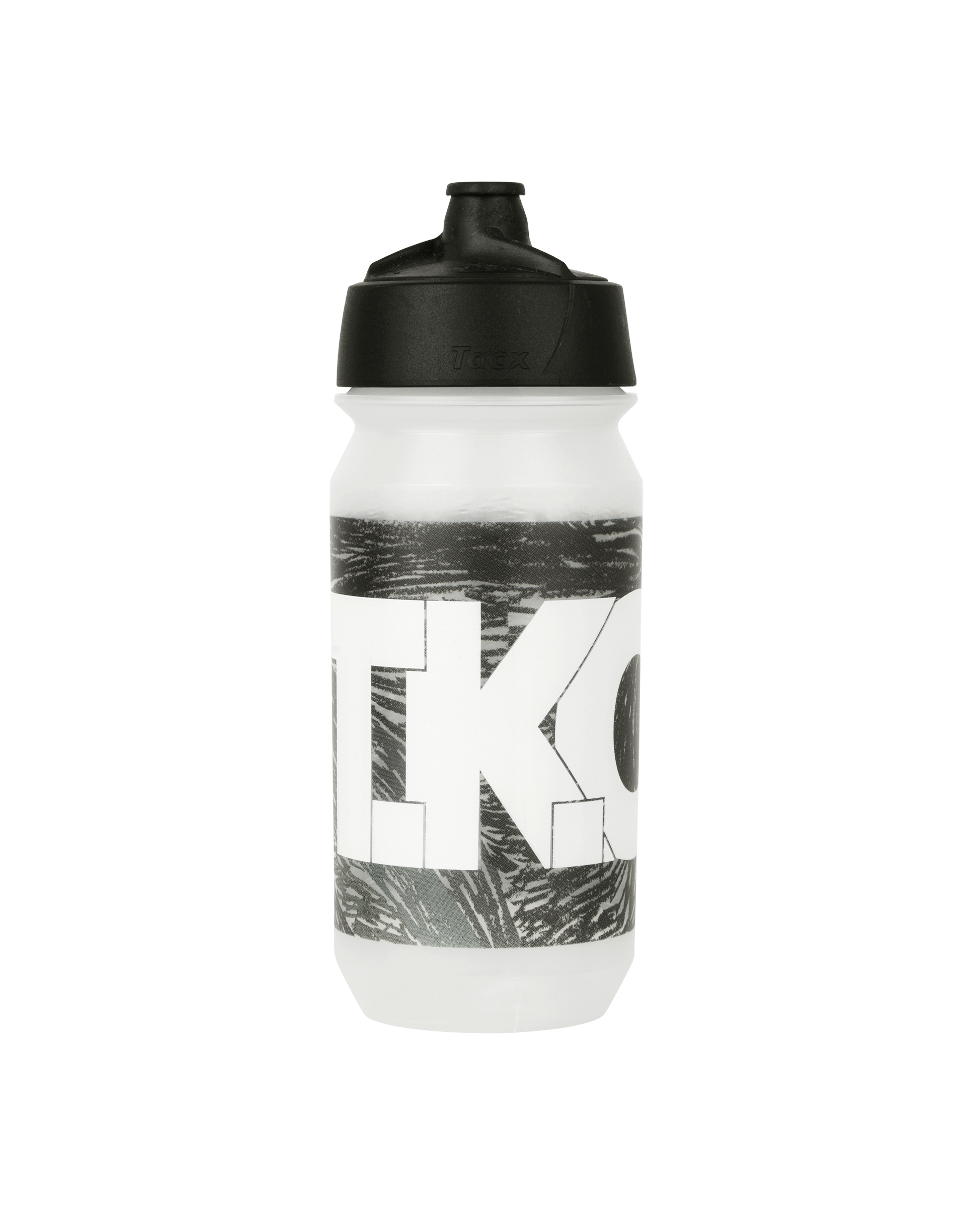 Dark Multi T.K.O. cycling bidon, three-quarter view with black cap and graphic print wrap