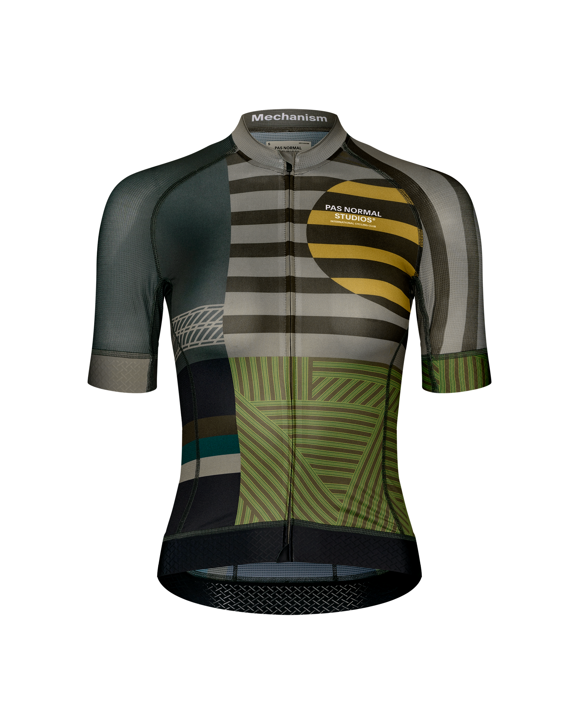 International Earth Mechanism women's cycling jersey, front flat lay with multicolour geometric stripe print