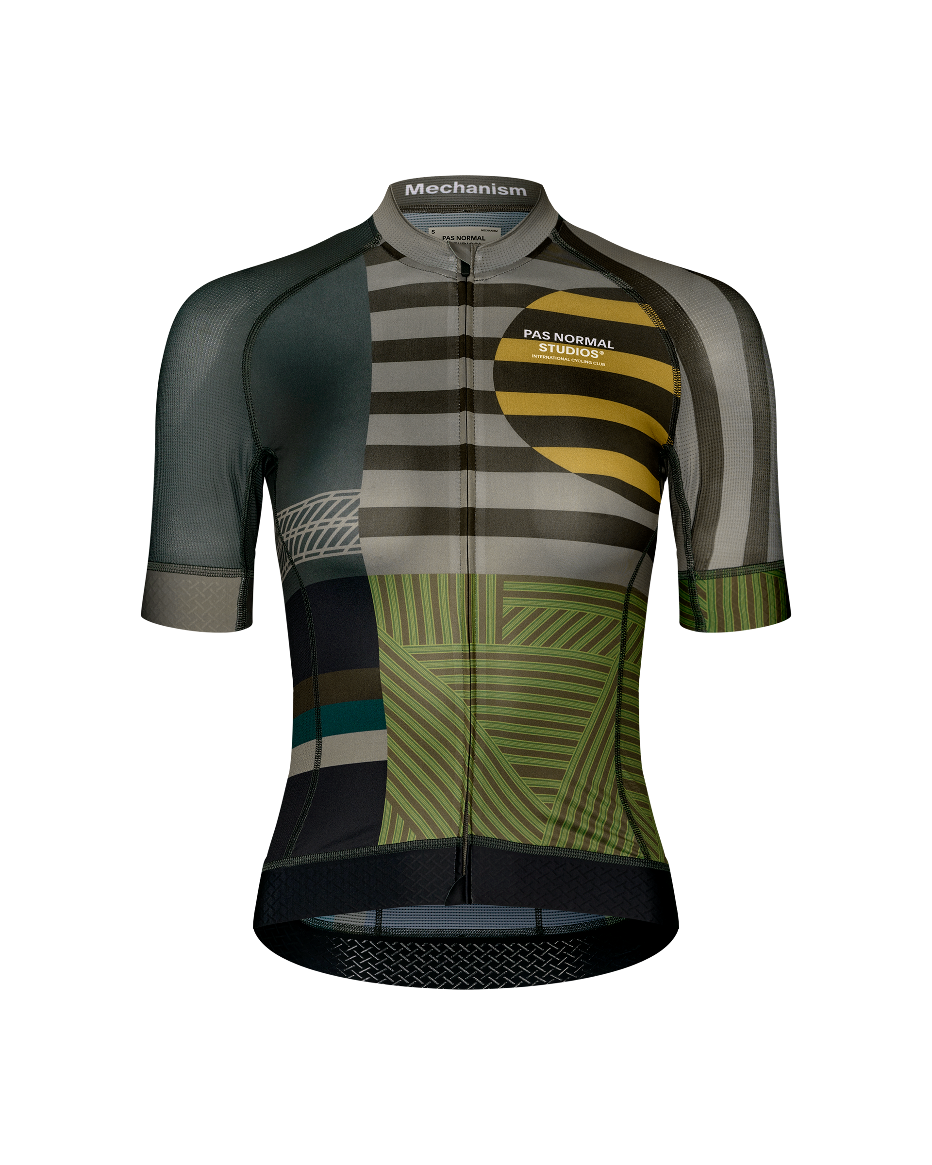 International Earth Mechanism women's cycling jersey, front flat lay with multicolour geometric stripe print