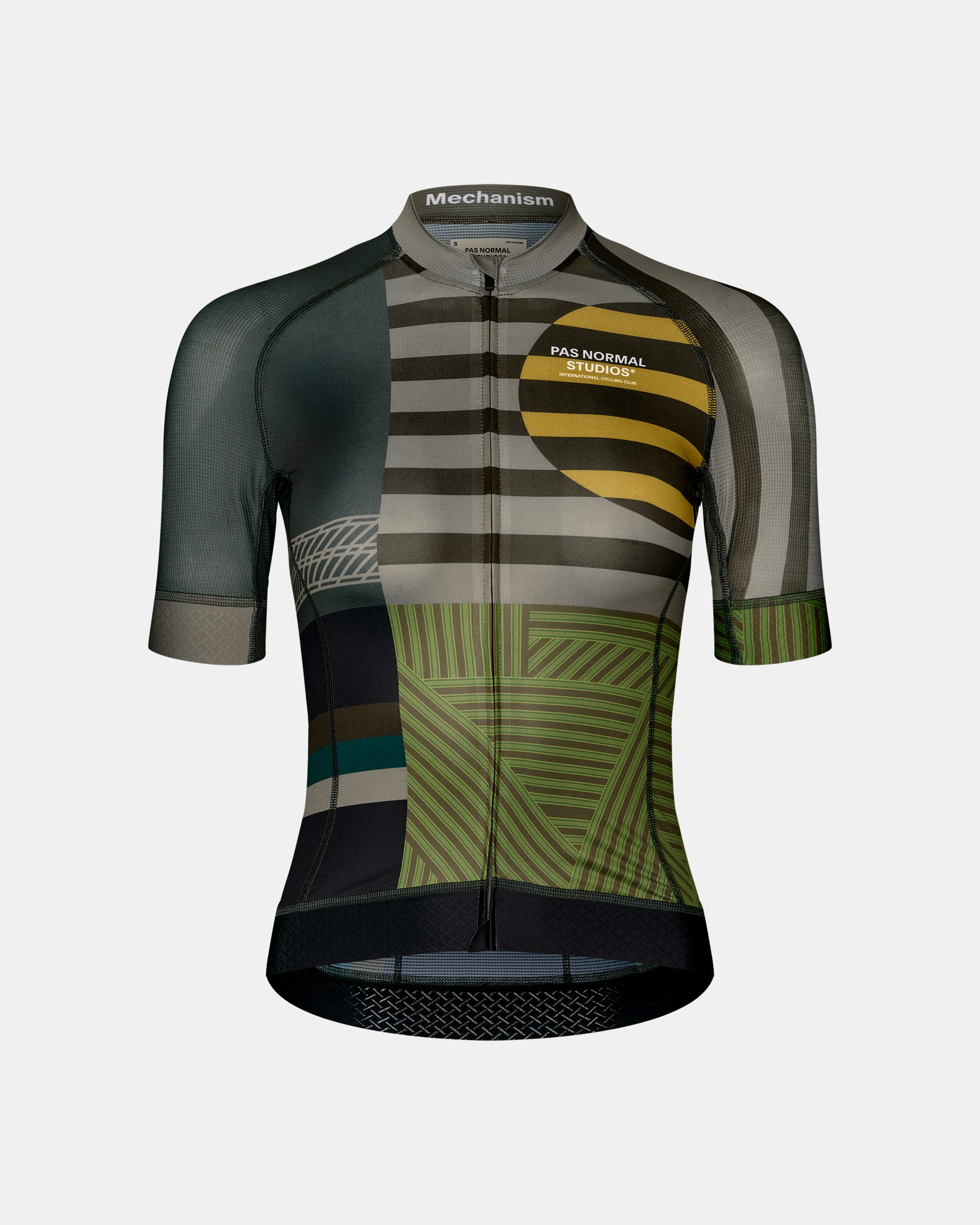 International Earth Mechanism women's cycling jersey, front flat lay with multicolour geometric stripe print
