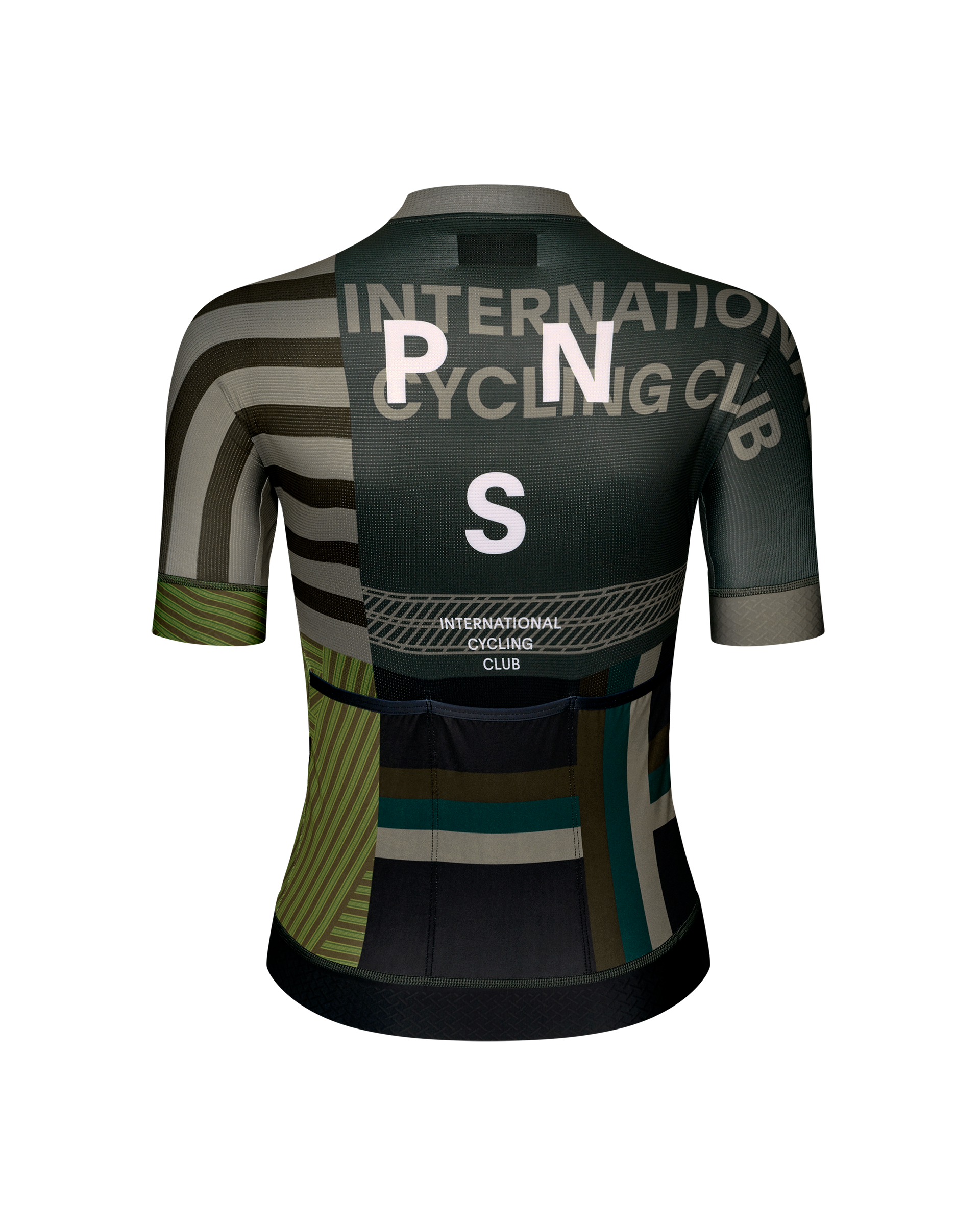 International Earth khaki Mechanism women's cycling jersey, rear view on mannequin with multicolour patchwork print