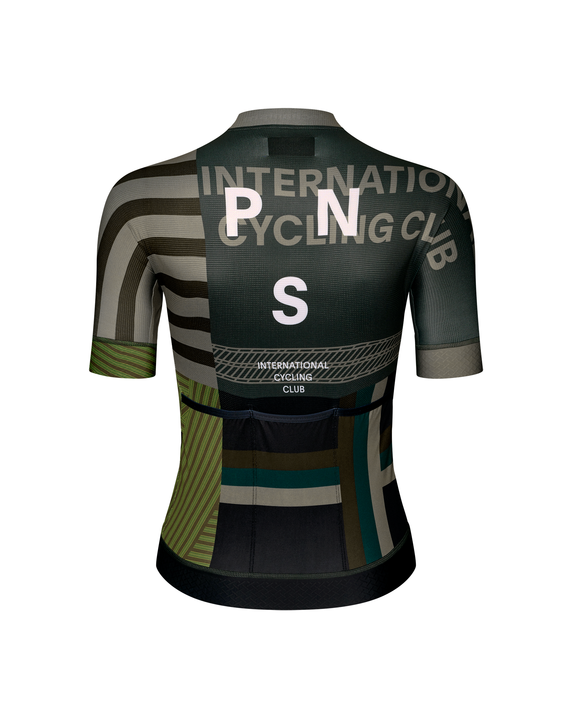International Earth khaki Mechanism women's cycling jersey, rear view on mannequin with multicolour patchwork print
