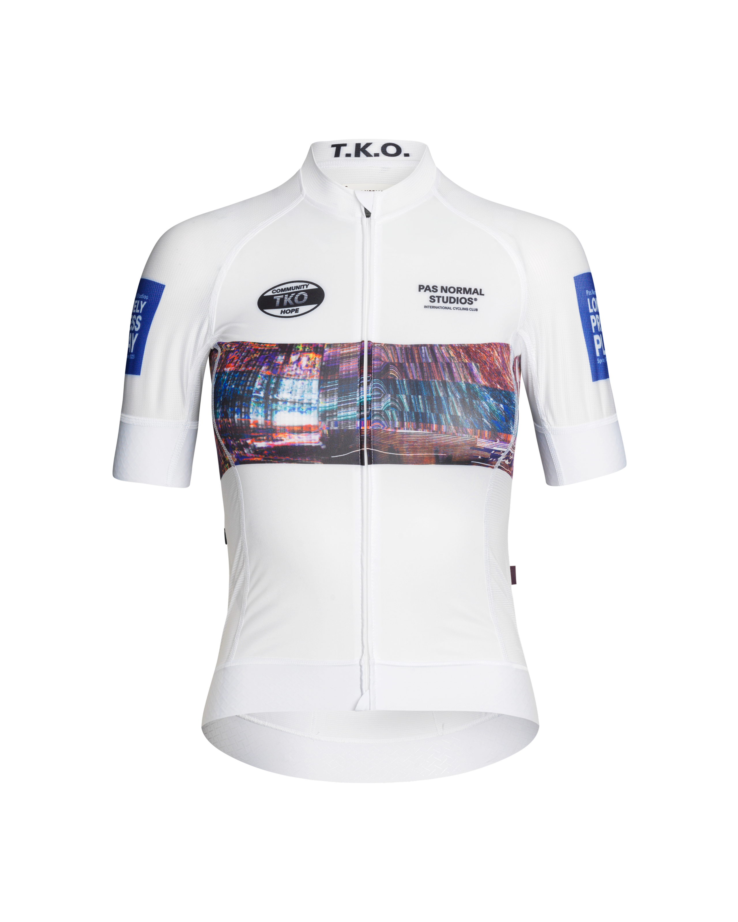 White T.K.O. Mechanism women's cycling jersey, front flat lay with cityscape photo print and blue sleeve panels