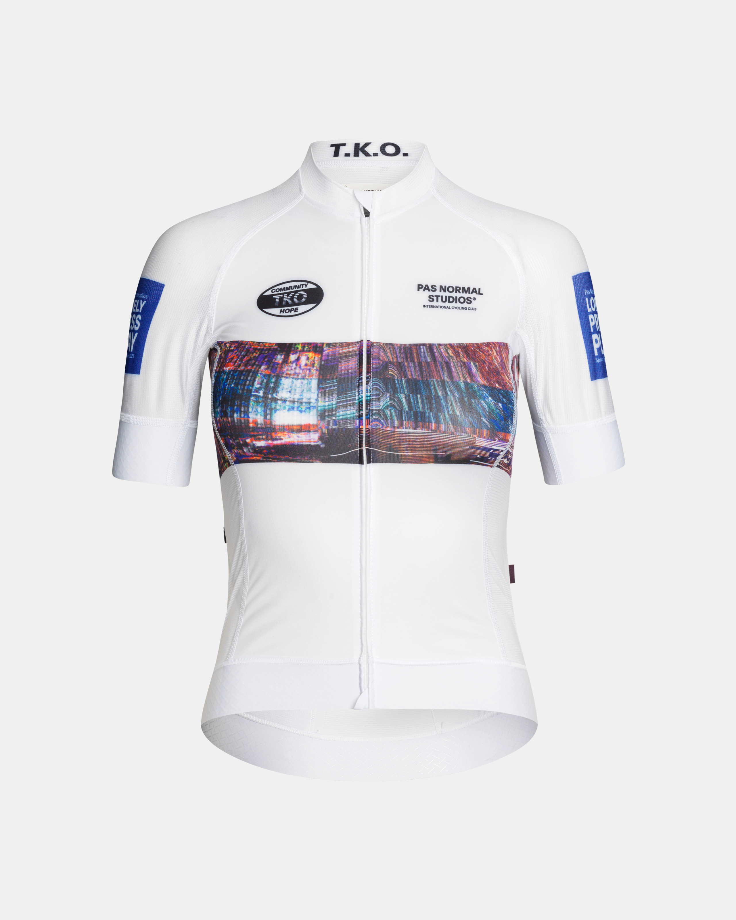 White T.K.O. Mechanism women's cycling jersey, front flat lay with cityscape photo print and blue sleeve panels