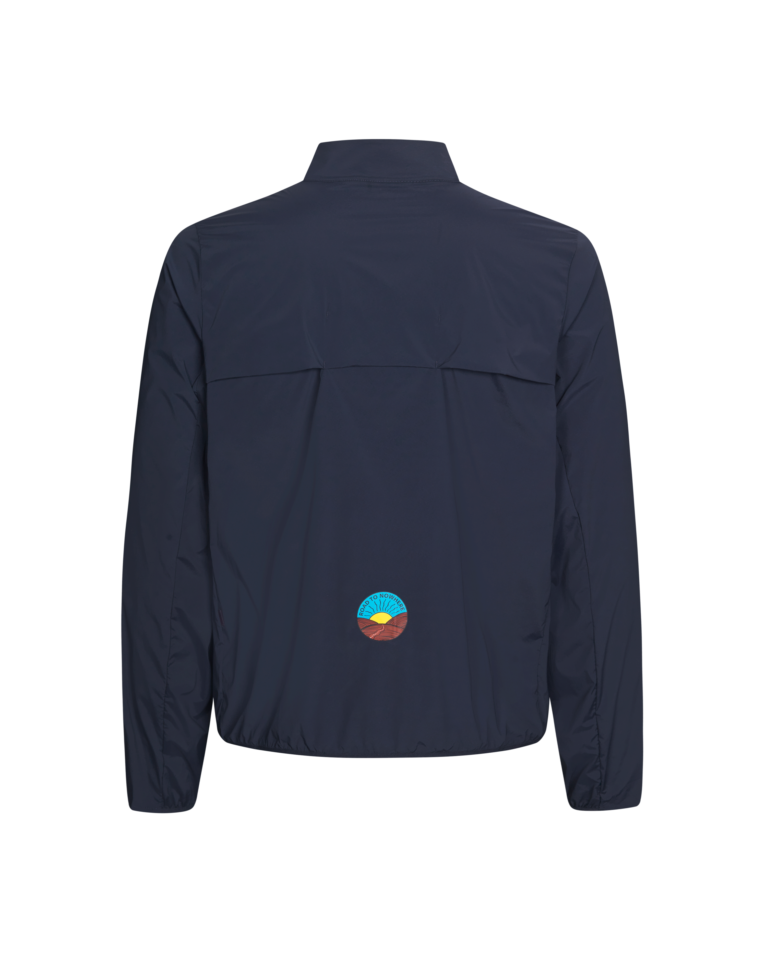 Navy Balance Half Zip jacket, rear flat lay with circular landscape badge at hem
