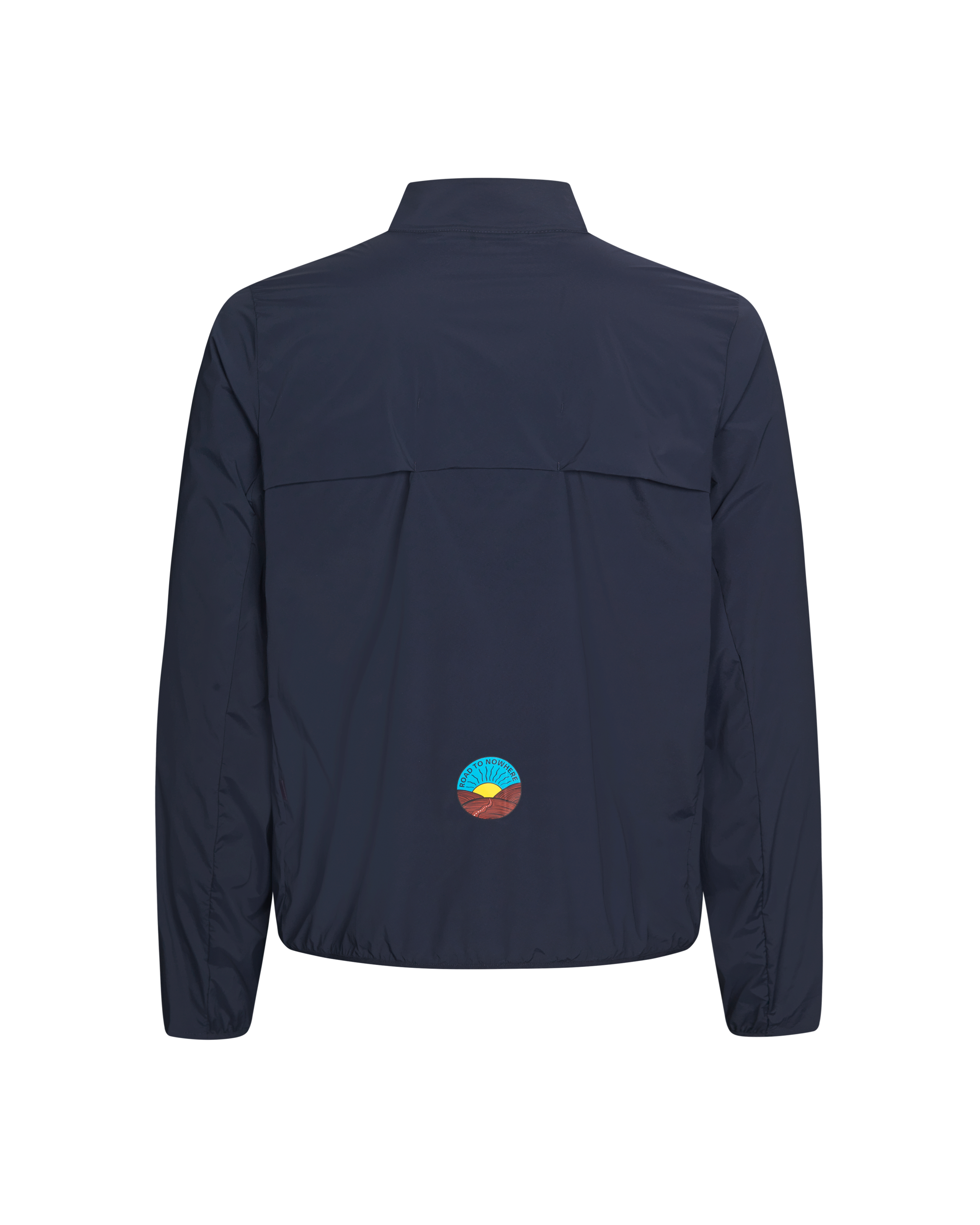 Navy Balance Half Zip jacket, rear flat lay with circular landscape badge at hem