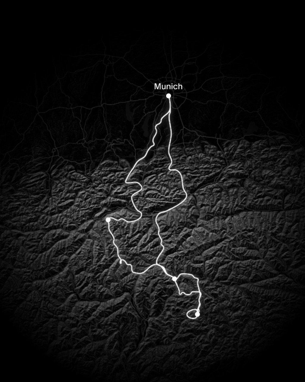 Munich cycling route map overlaid on mountainous terrain