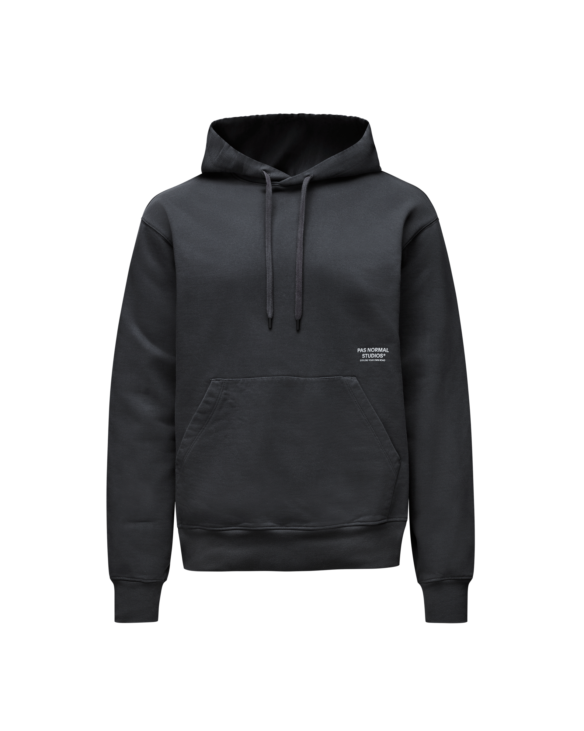 Dark Navy Off-Race Graphic hoodie, front view with kangaroo pocket and white chest logo