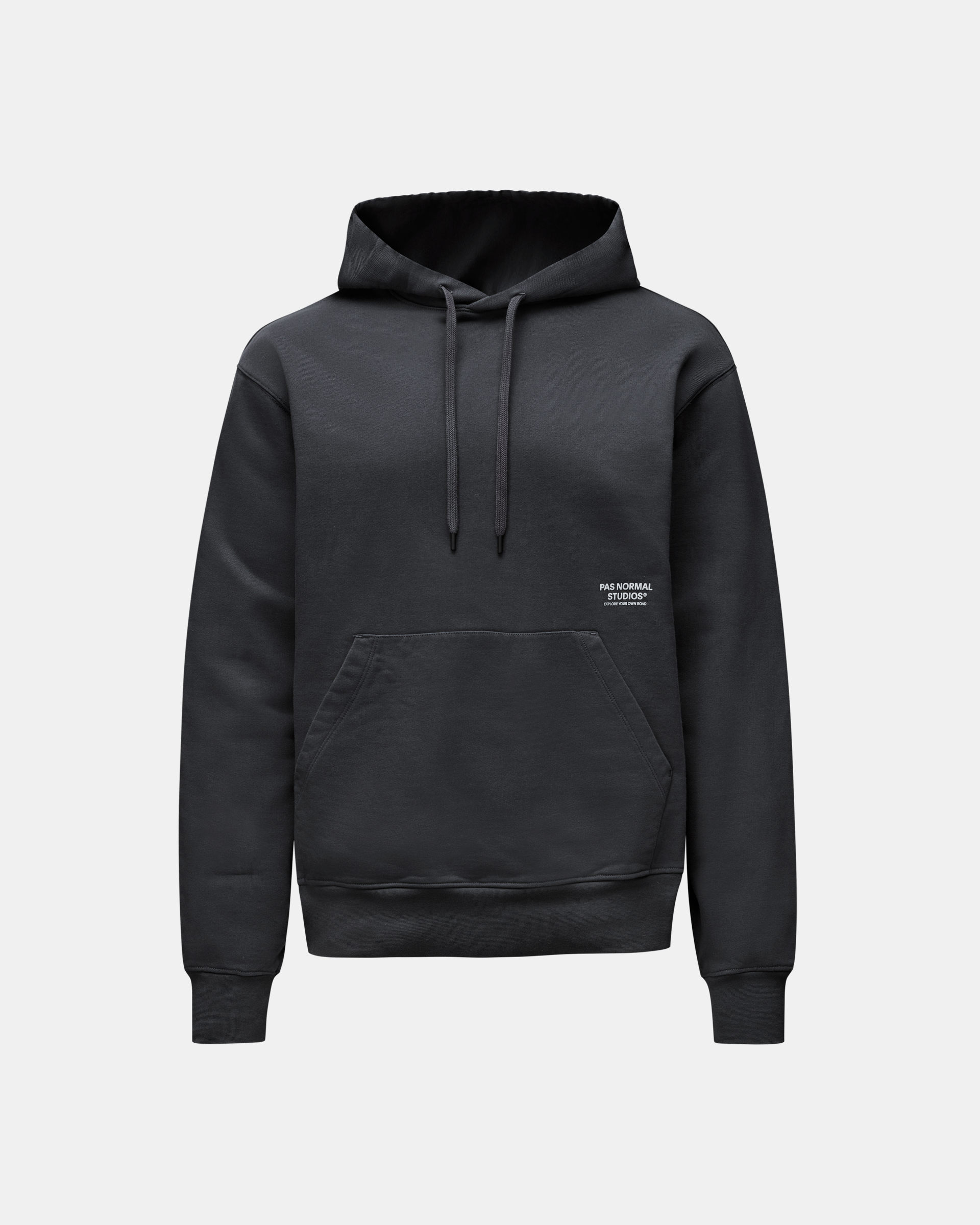 Dark Navy Off-Race Graphic hoodie, front view with kangaroo pocket and white chest logo