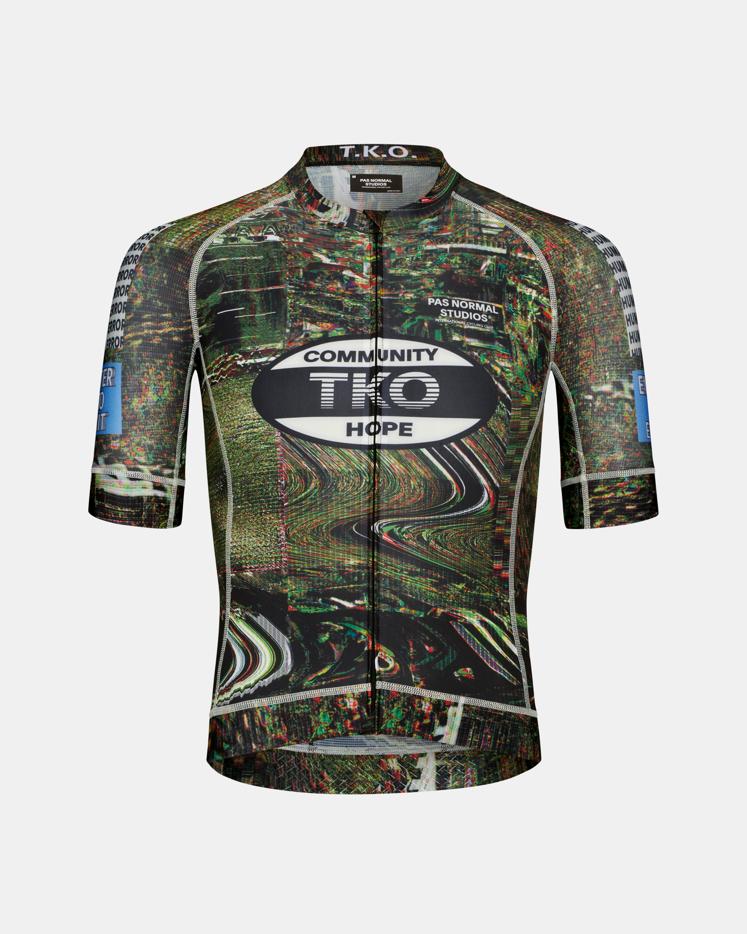 Human Error Green T.K.O. Mechanism cycling jersey, front flat lay with all-over glitch print and Community TKO Hope chest