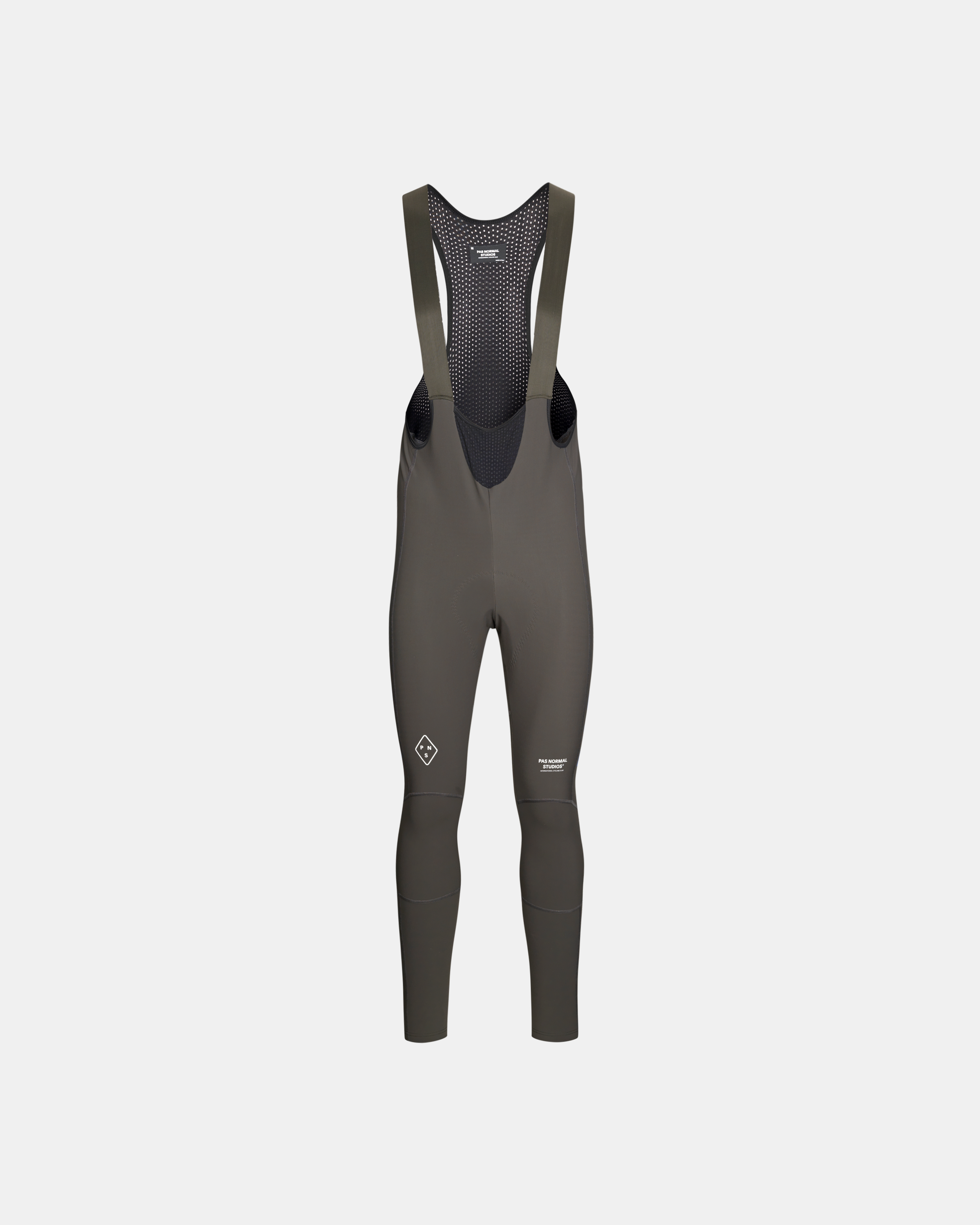 Dark Olive PAS Mechanism Deep Winter Long cycling bibs, front flat lay with mesh bib straps