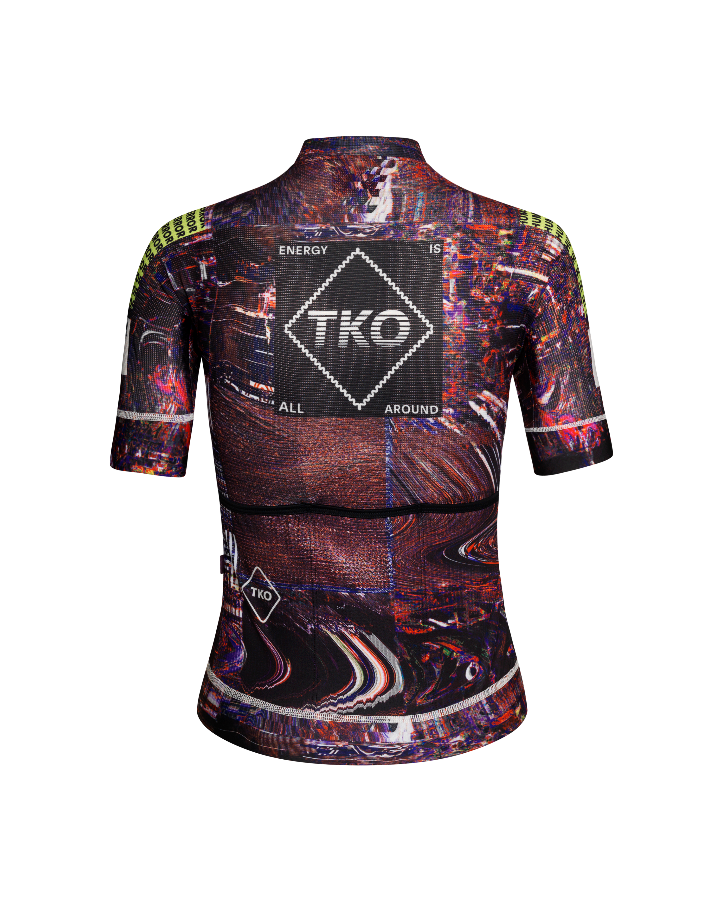 Human Error Pink T.K.O. Mechanism women's cycling jersey, rear view with glitch-print AOP and large TKO back graphic