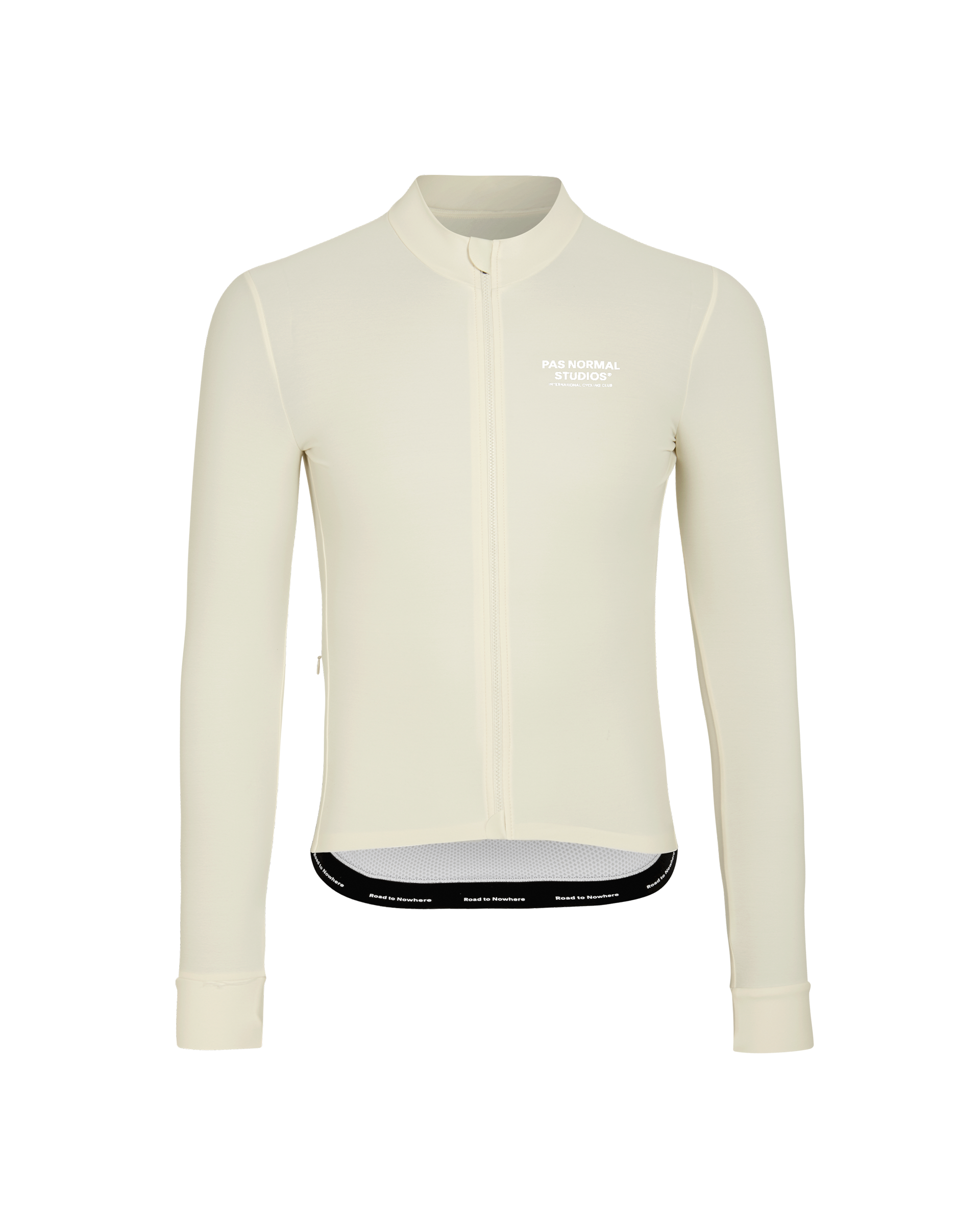 Off White Mechanism long sleeve cycling jersey, front flat lay with black branded hem band