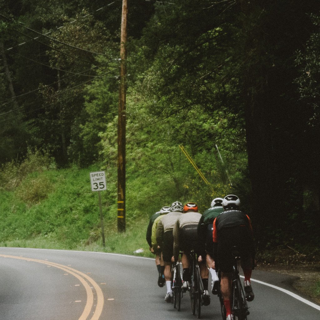 Group of cyclists riding on forest road in Sonoma, California