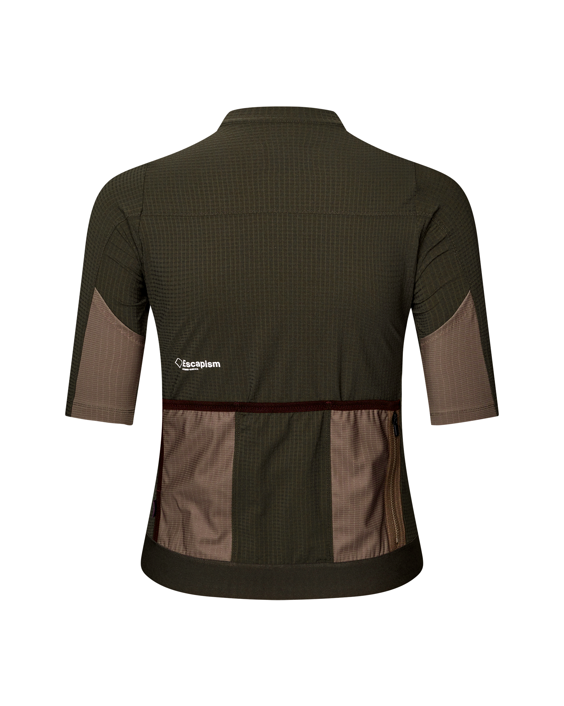 Dark Olive Escapism cycling jersey, rear flat lay showing tan contrast panels and back pockets