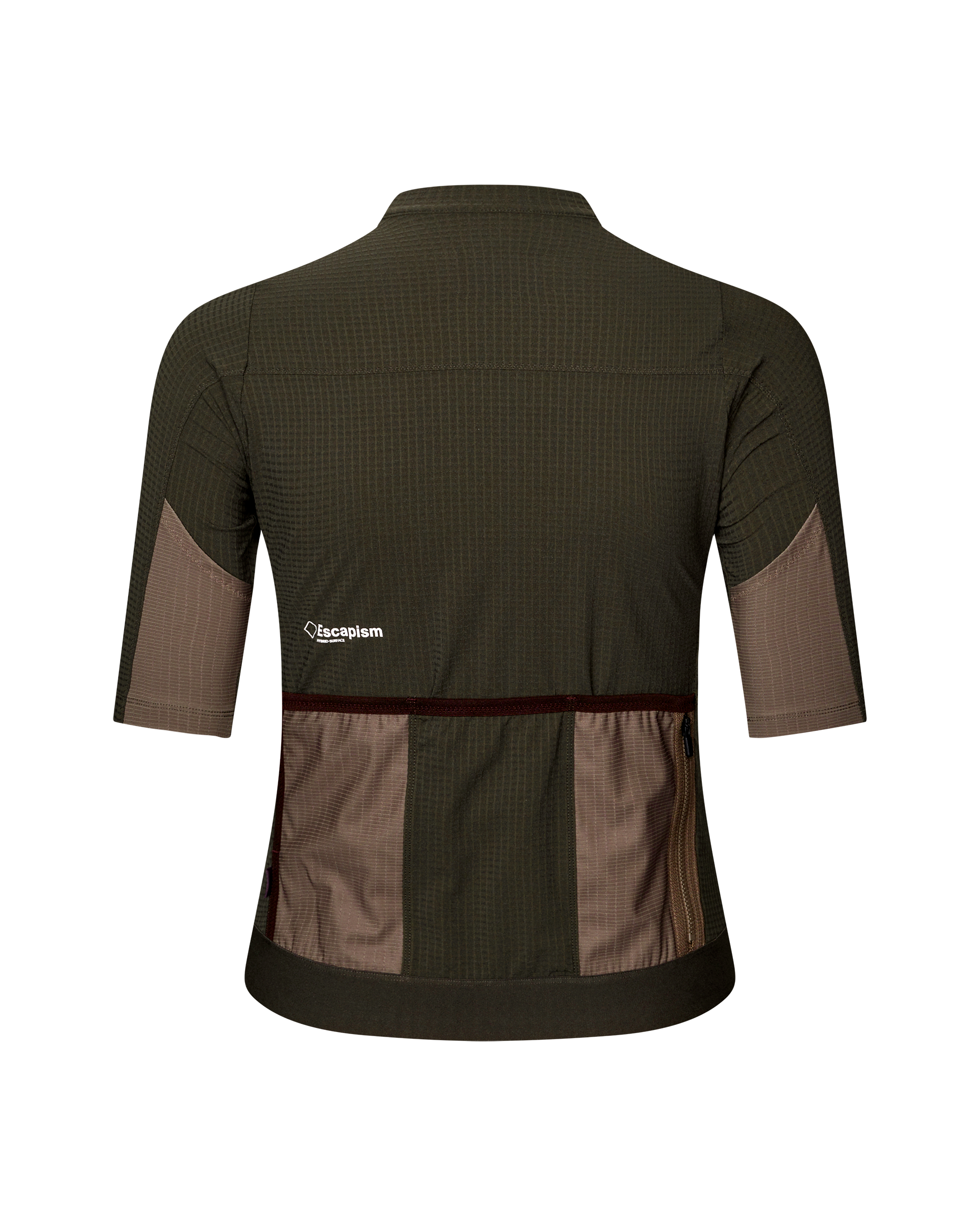 Dark Olive Escapism cycling jersey, rear flat lay showing tan contrast panels and back pockets