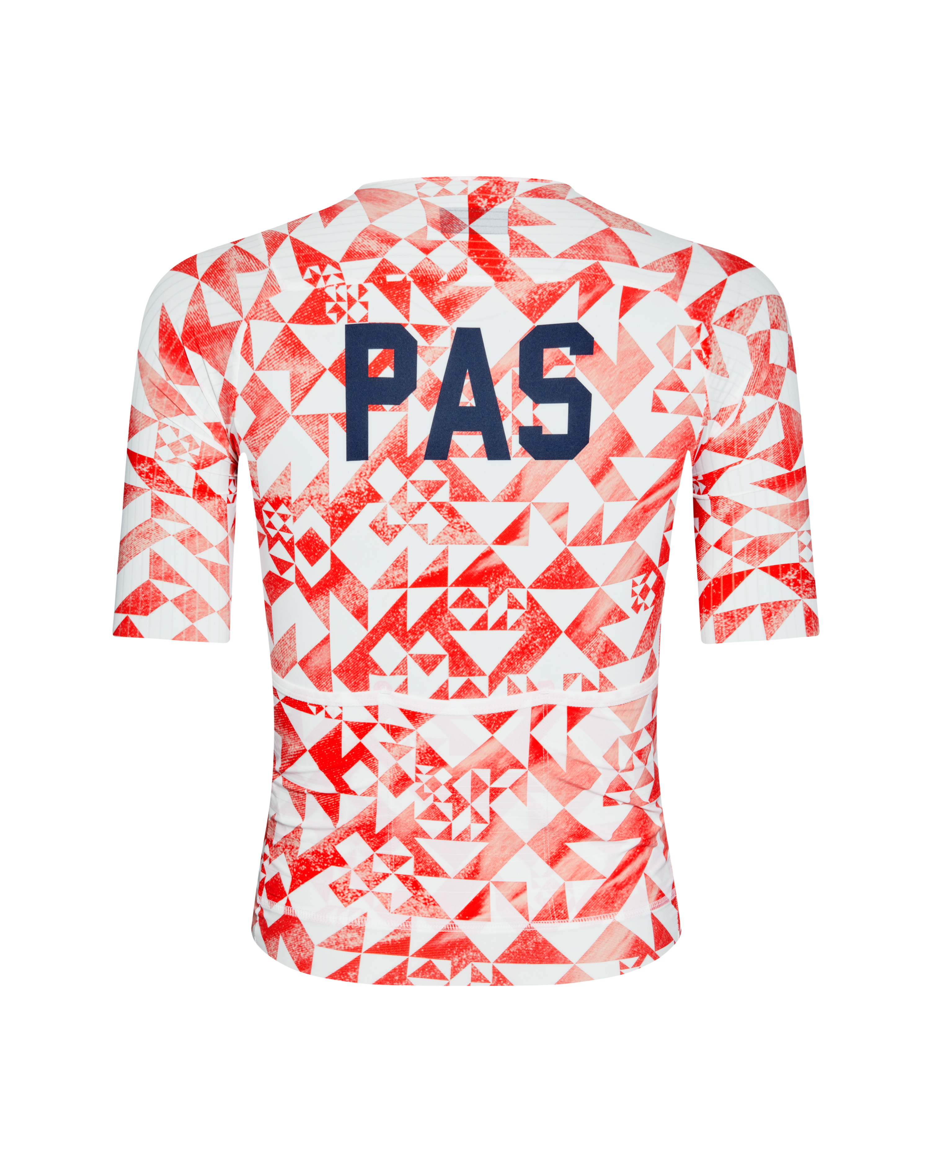 Red PAS Mechanism Pro cycling jersey, rear view with geometric origami print