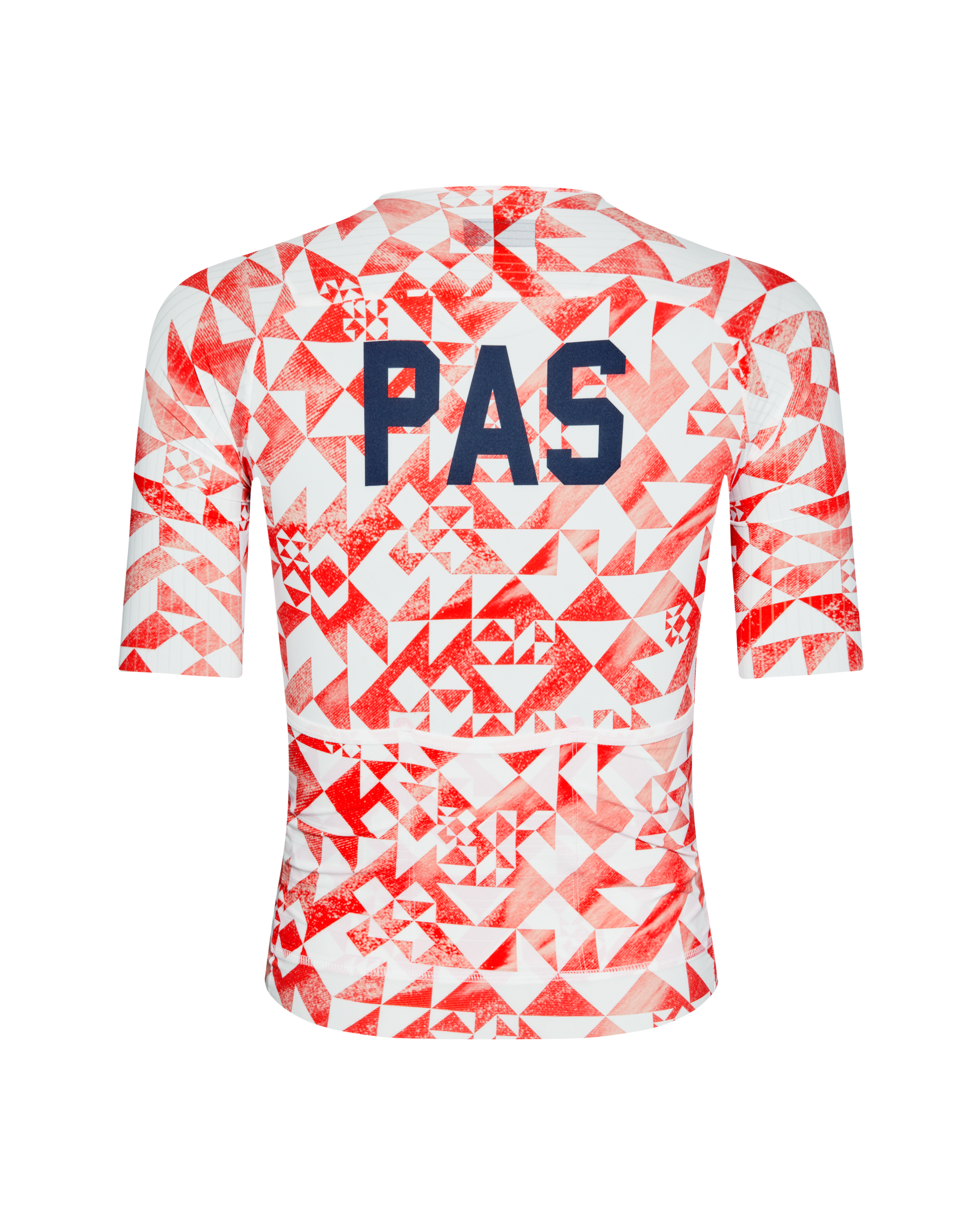 Red PAS Mechanism Pro cycling jersey, rear view with geometric origami print