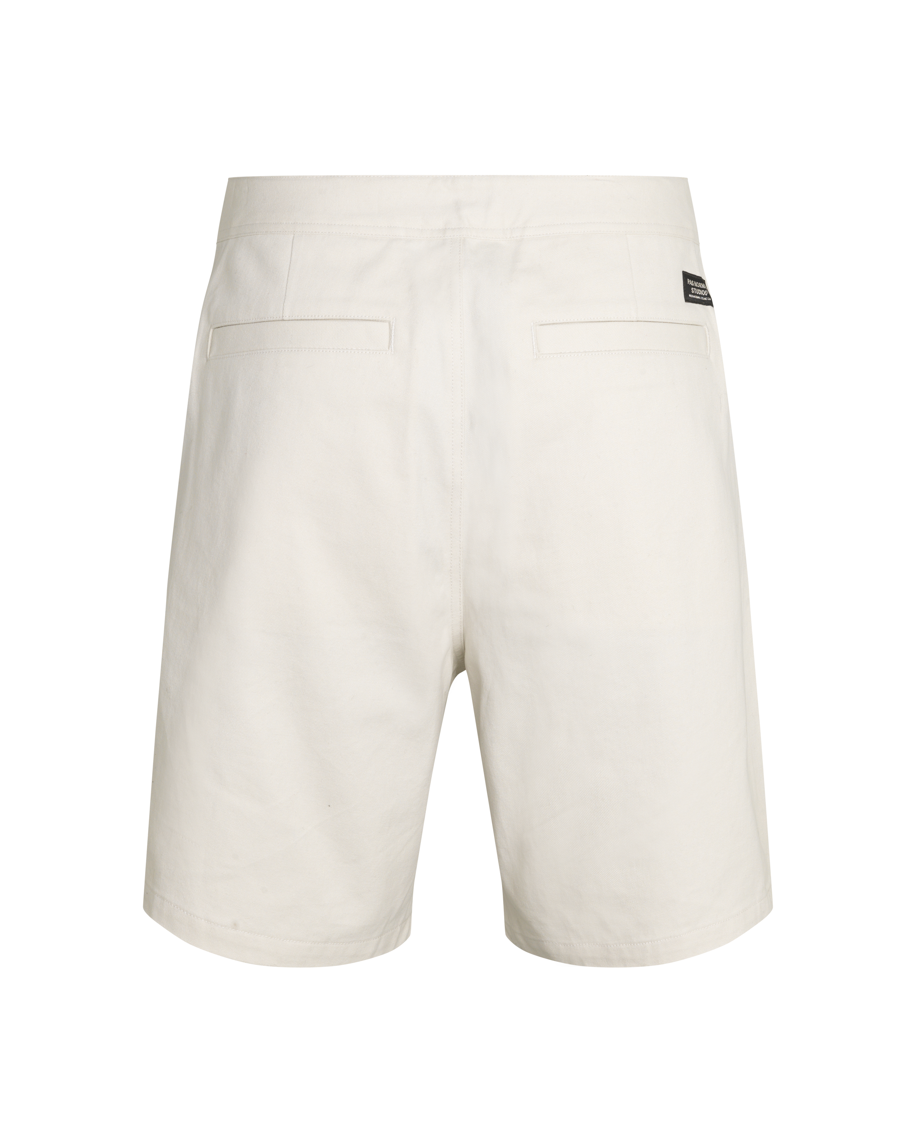 Limestone Off-Race Cotton Twill shorts, rear flat lay with back pockets and black label