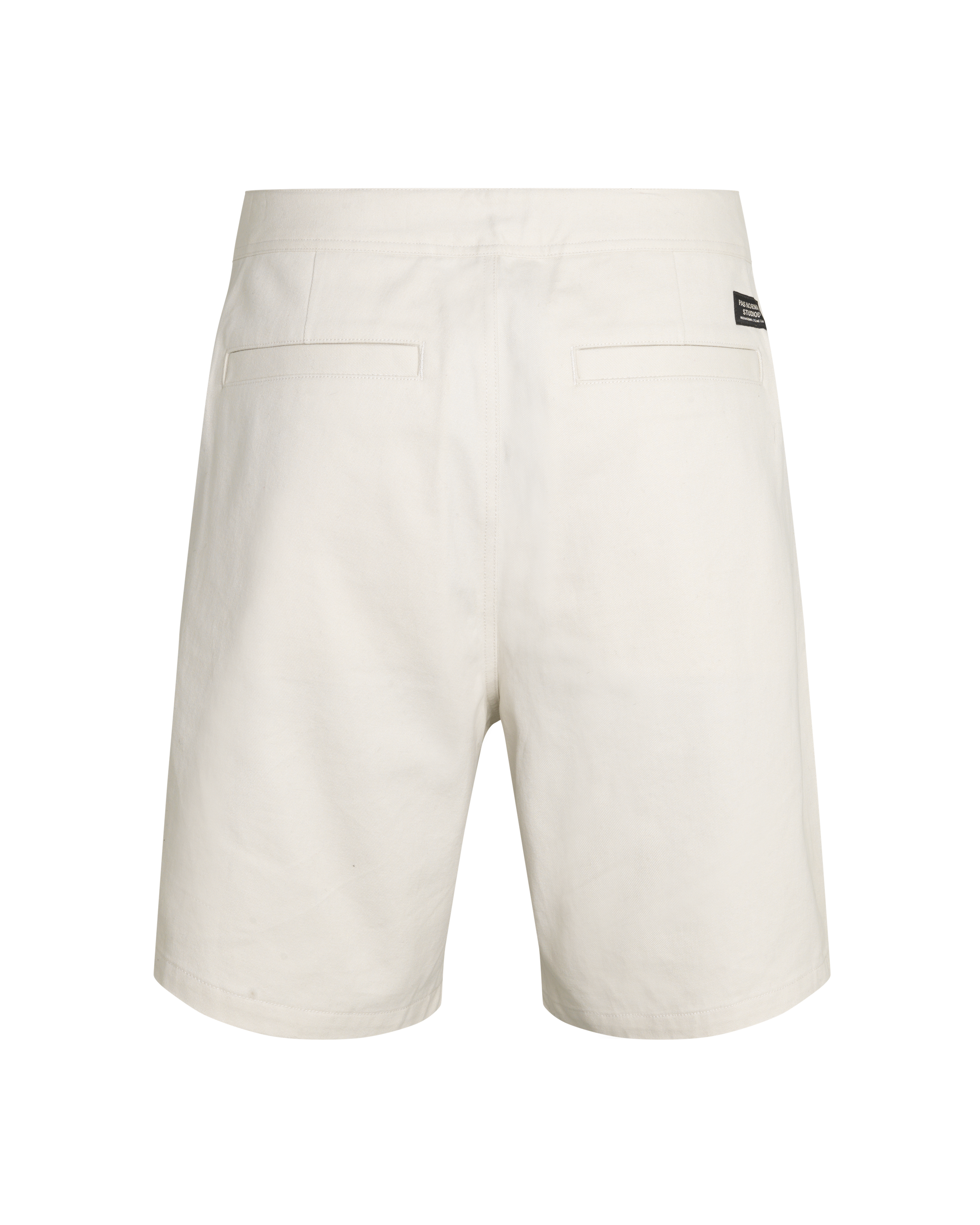 Limestone Off-Race Cotton Twill shorts, rear flat lay with back pockets and black label