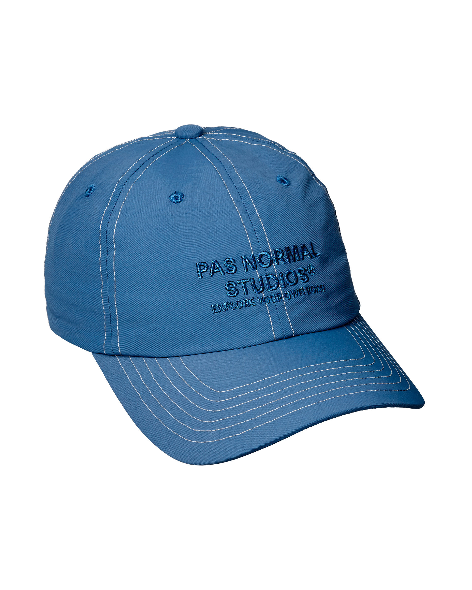 Ocean Blue Off-Race cap, three-quarter view with contrast white stitching and embroidered front logo