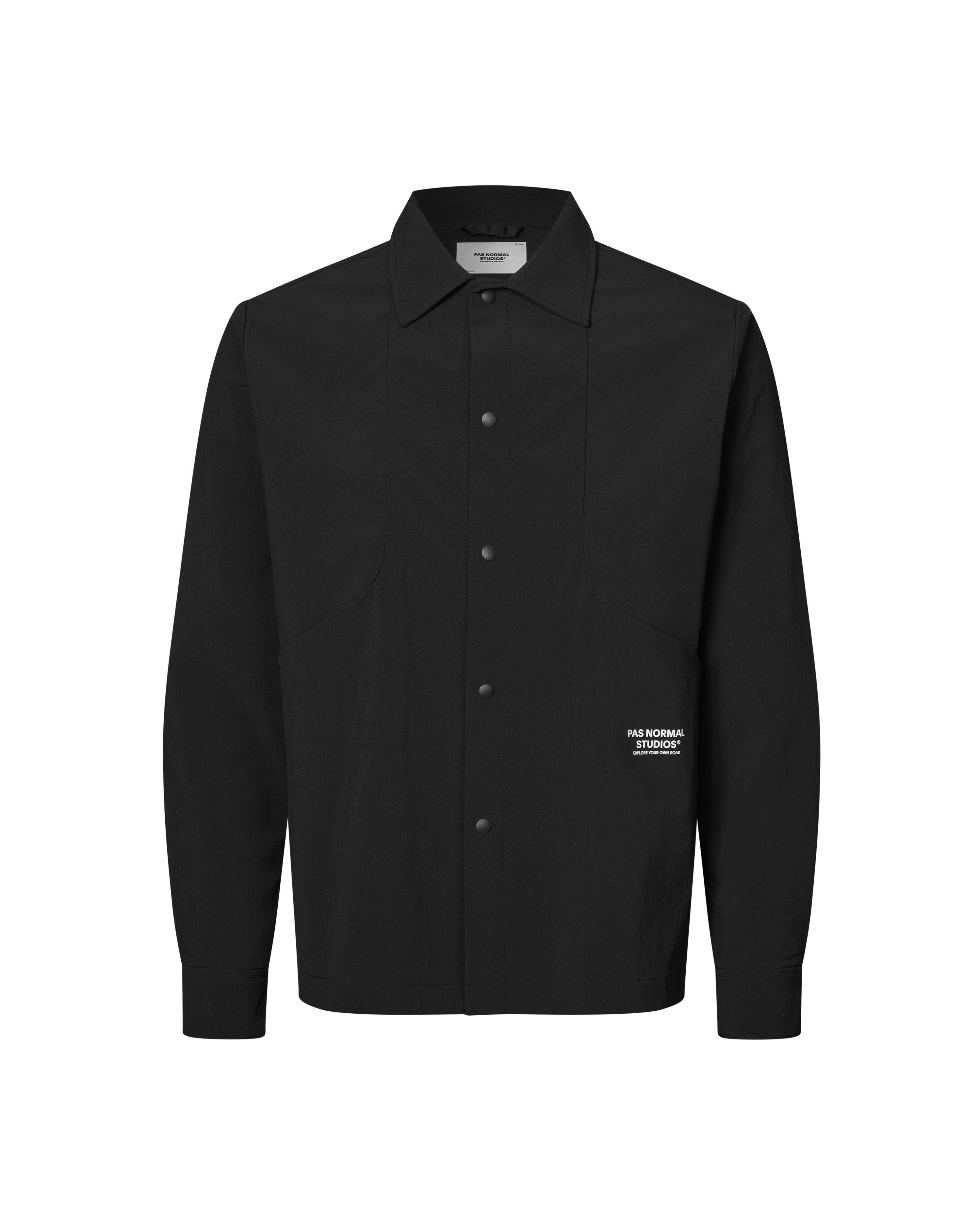 Black Off-Race Tech Overshirt, front view with snap button closure and white logo patch