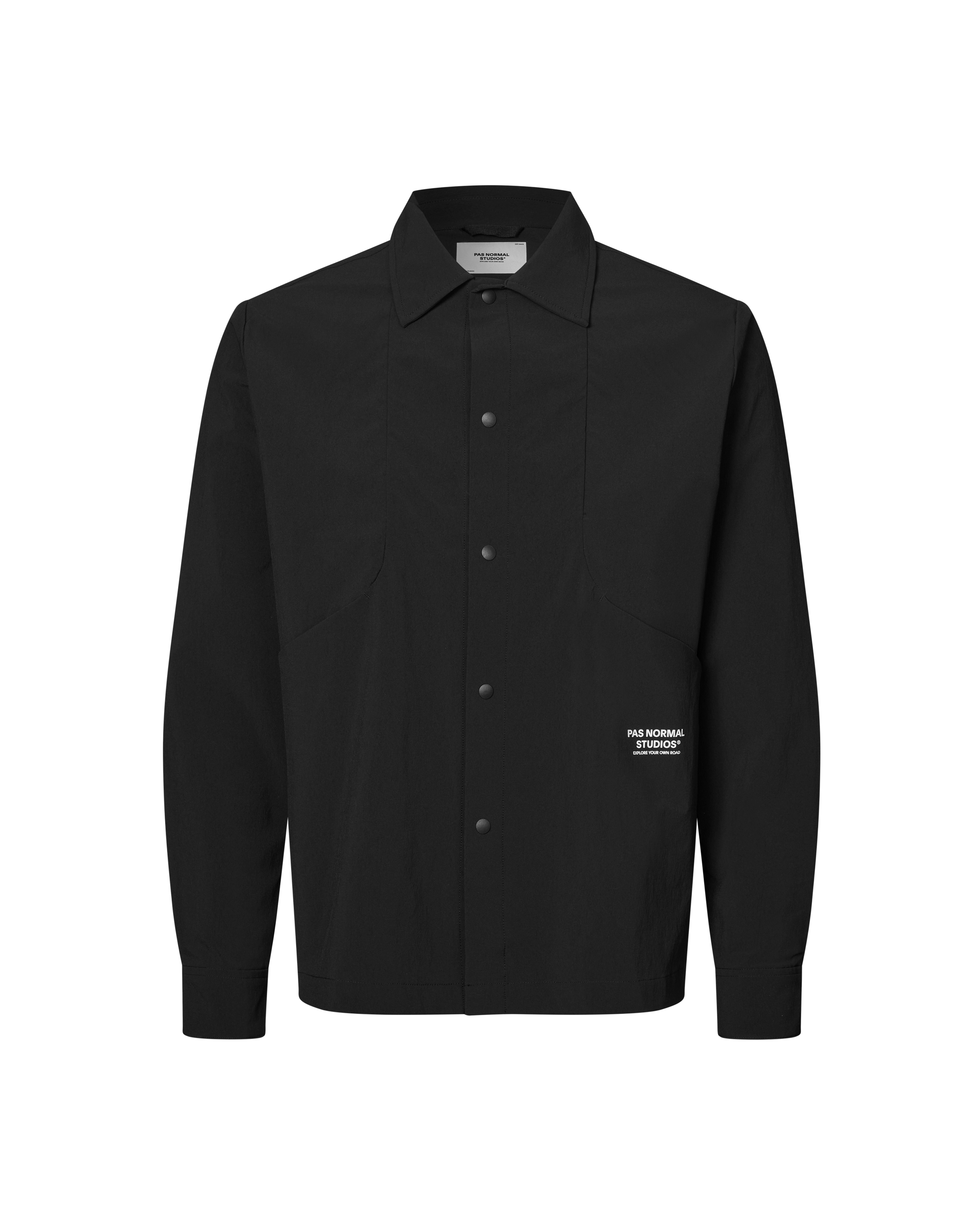 Black Off-Race Tech Overshirt, front view with snap button closure and white logo patch