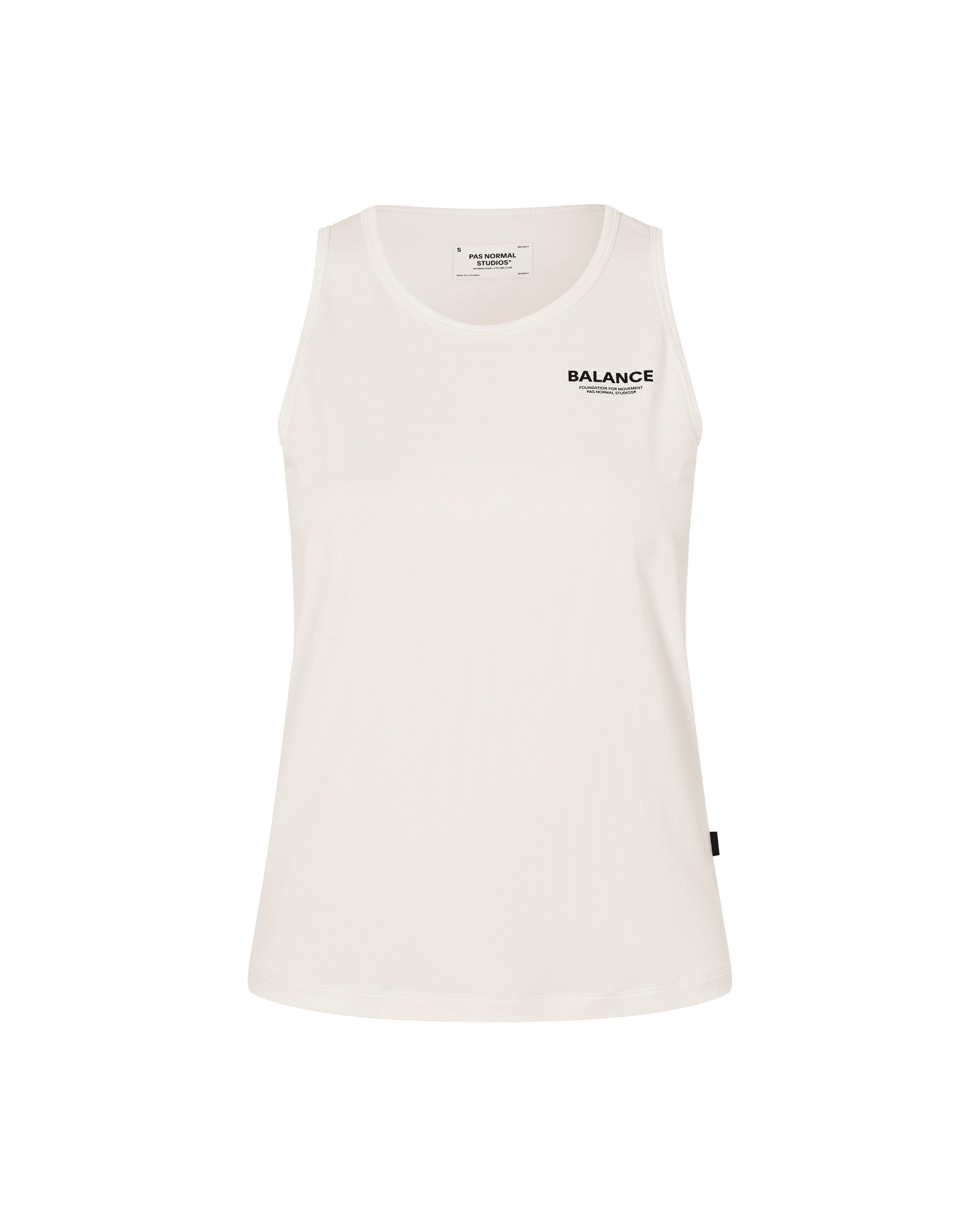 Off White Balance singlet, front flat lay with black chest logo