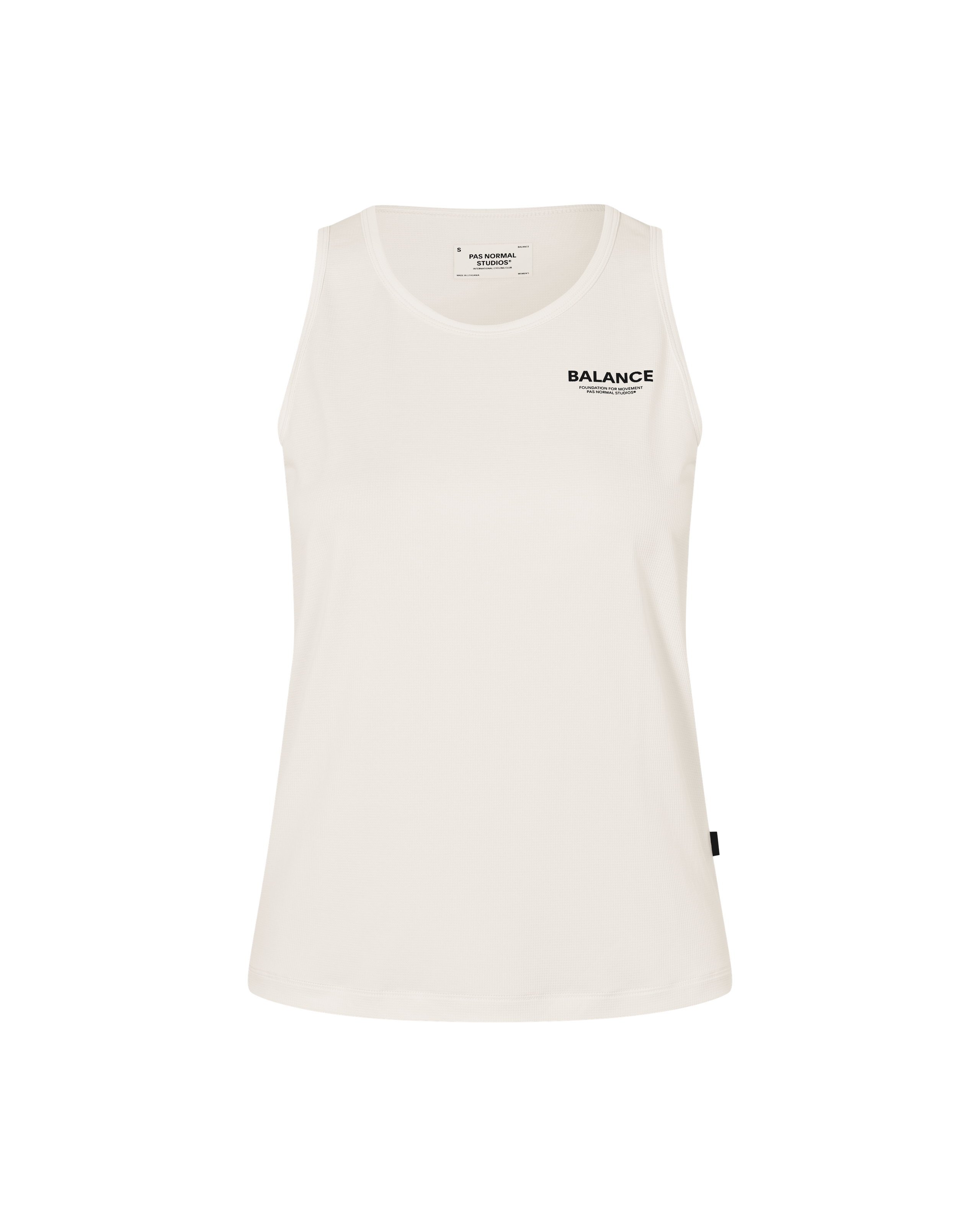 Off White Balance singlet, front flat lay with black chest logo