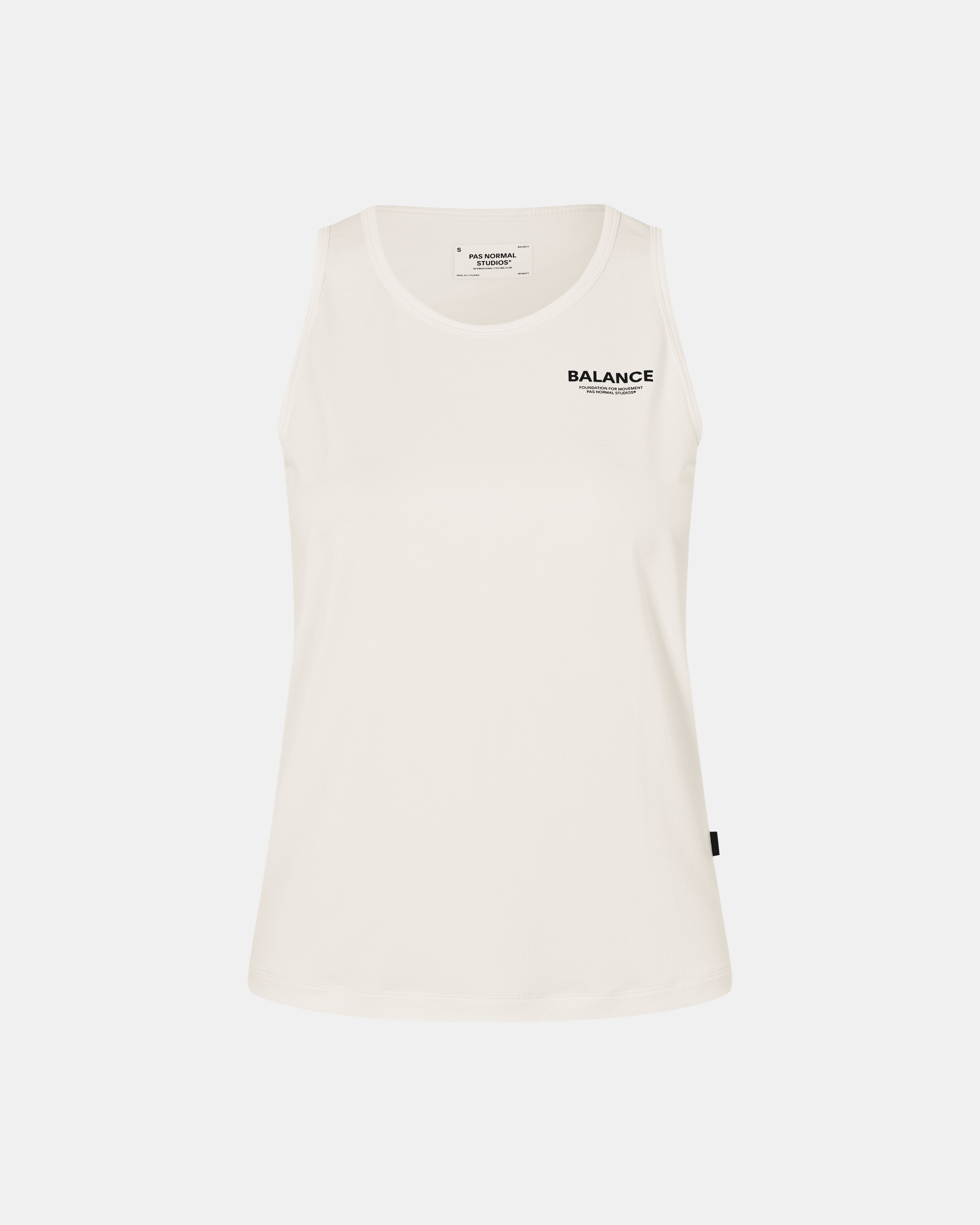 Off White Balance singlet, front flat lay with black chest logo