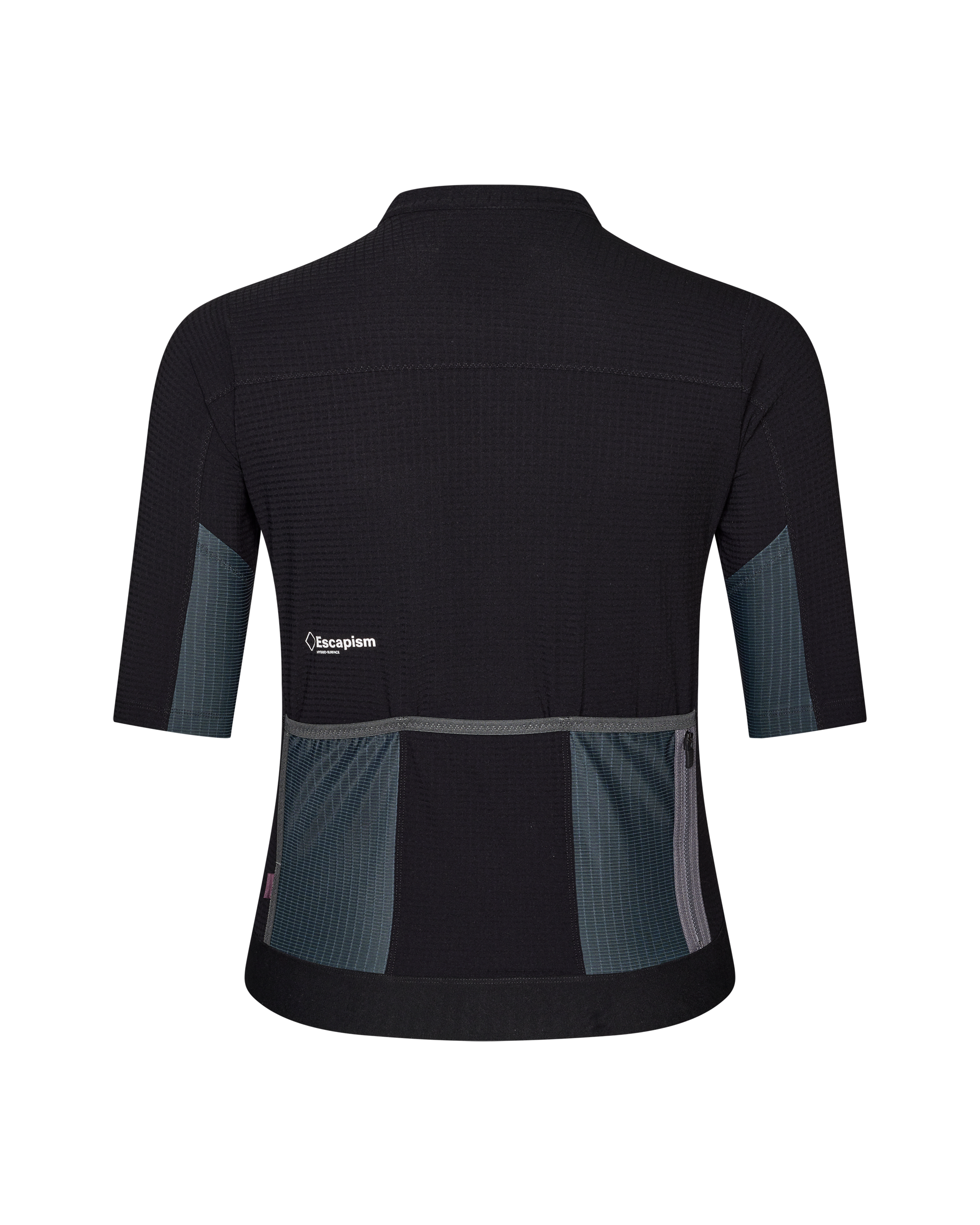 Black Escapism cycling jersey, rear view with grey mesh side panels and back pockets