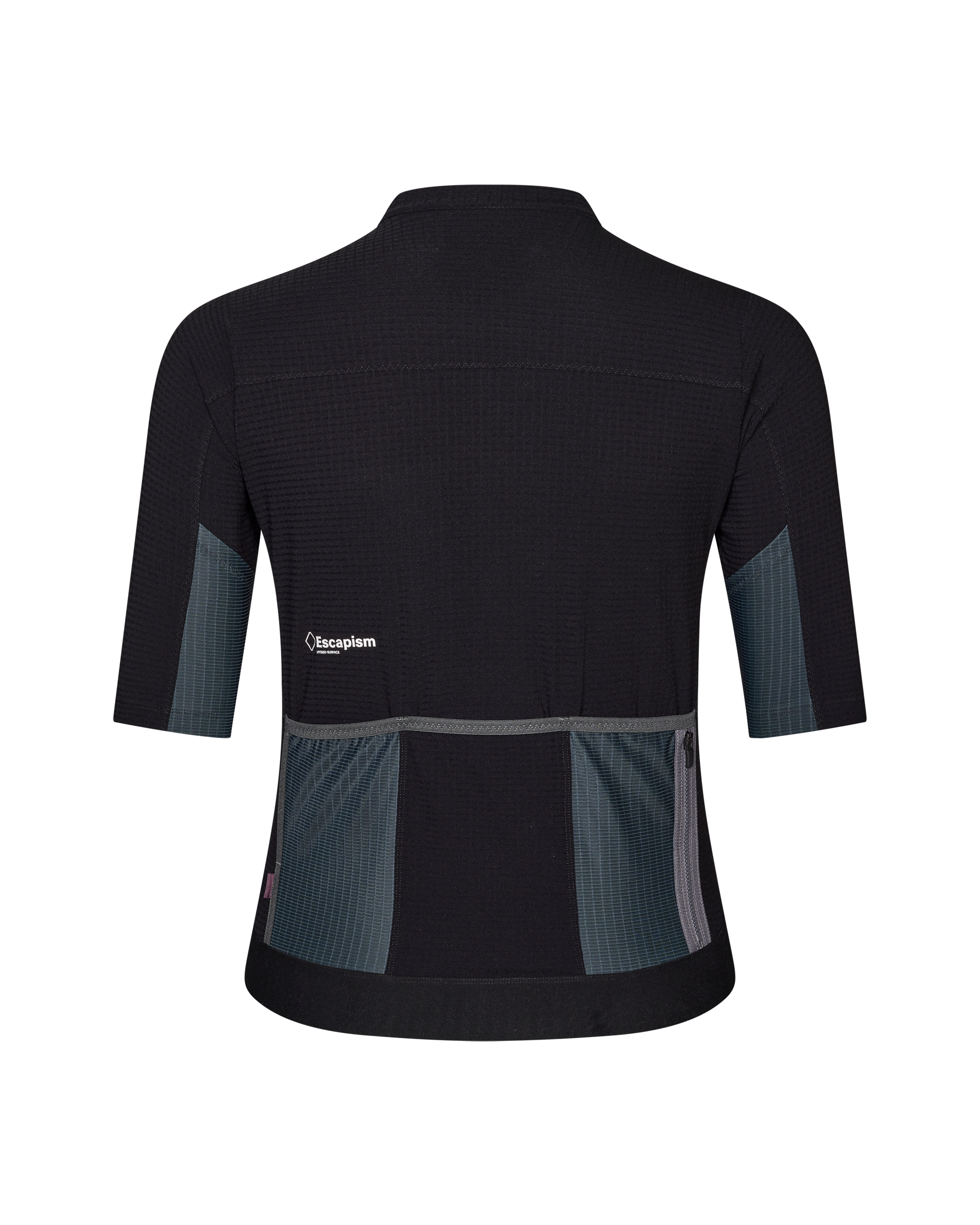 Black Escapism cycling jersey, rear view with grey mesh side panels and back pockets