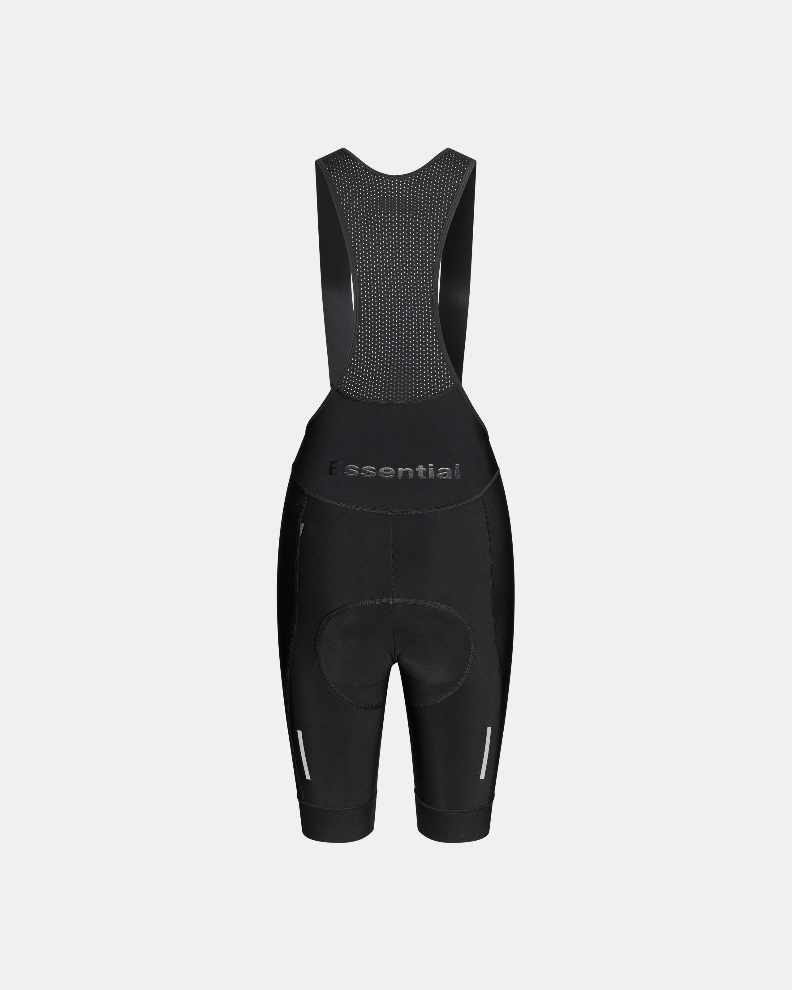 Black Essential Thermal cycling bibs, front flat lay with mesh back panel and reflective leg details