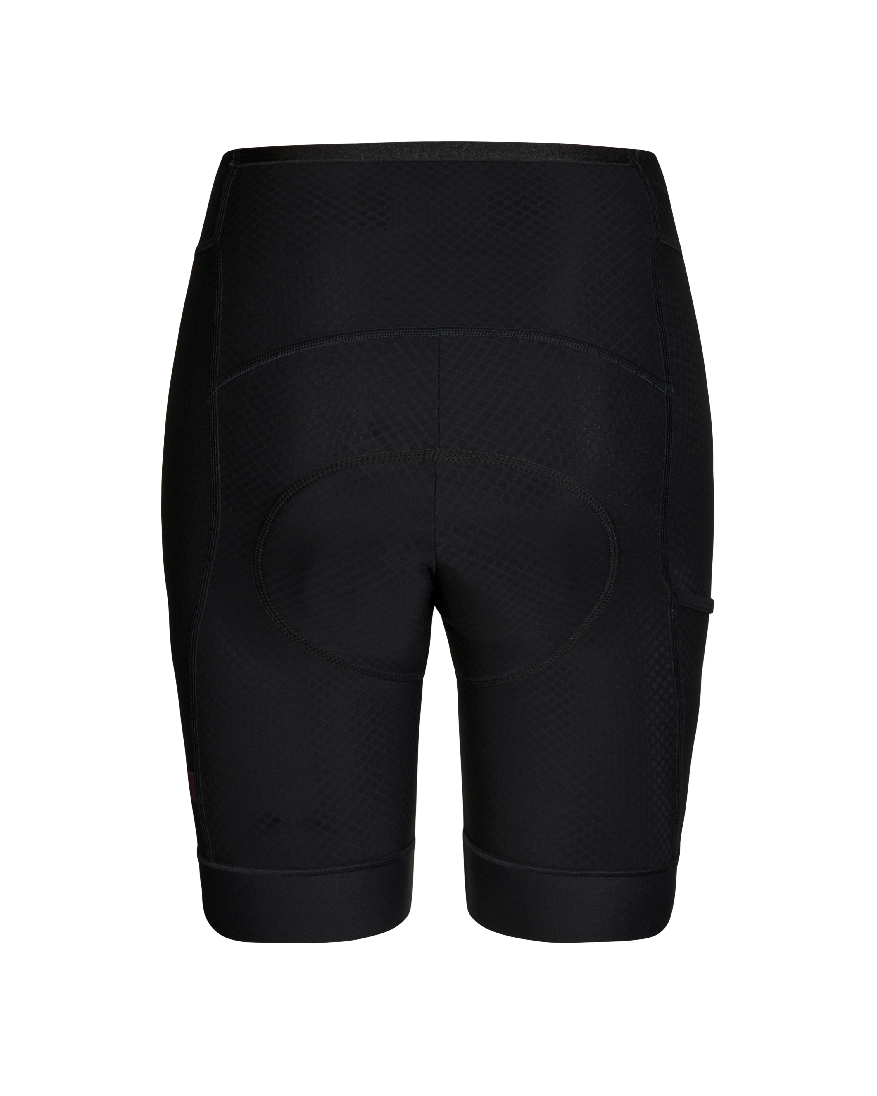 Black Essential short tights, rear flat lay with chamois pad and textured waistband
