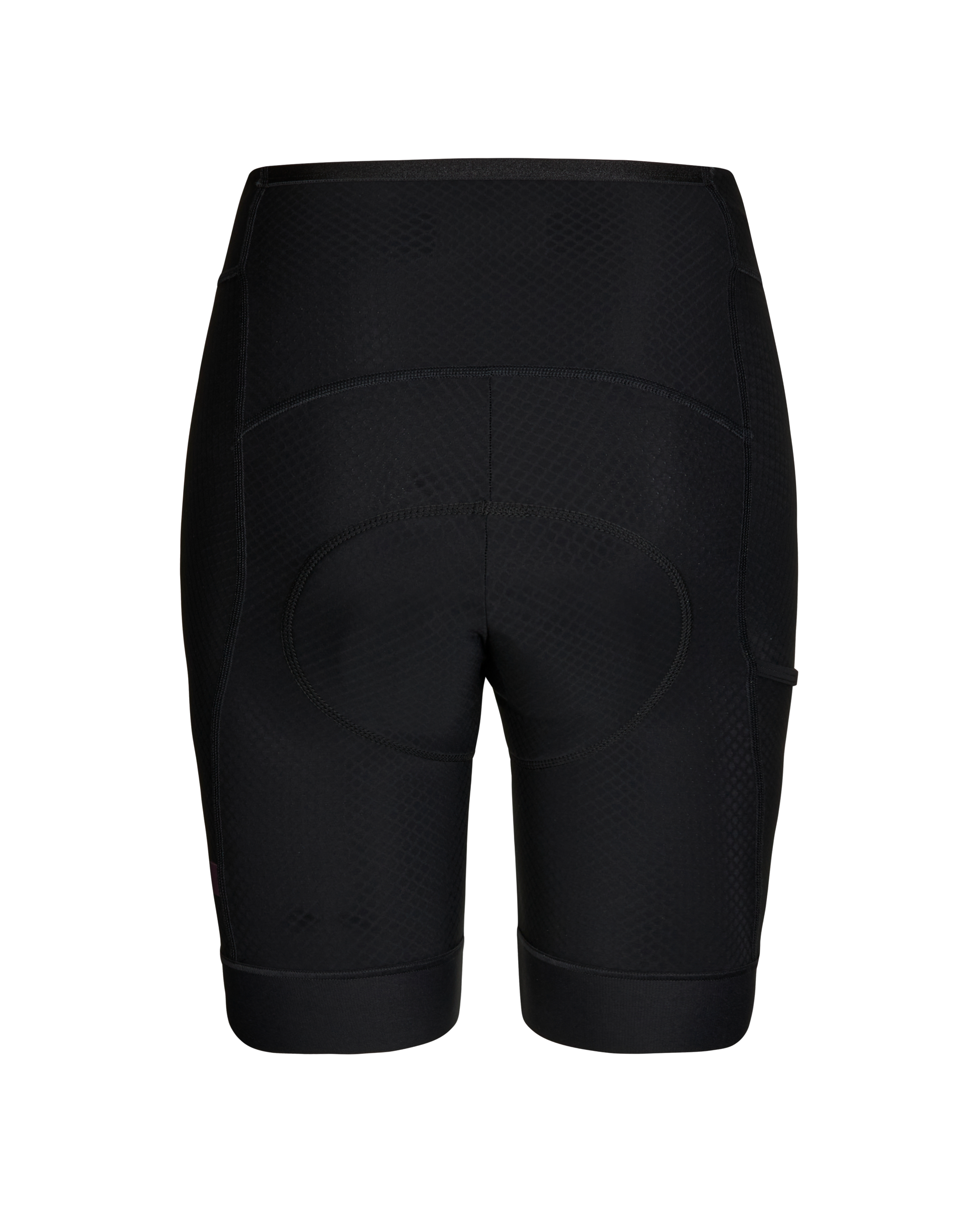 Black Essential short tights, rear flat lay with chamois pad and textured waistband
