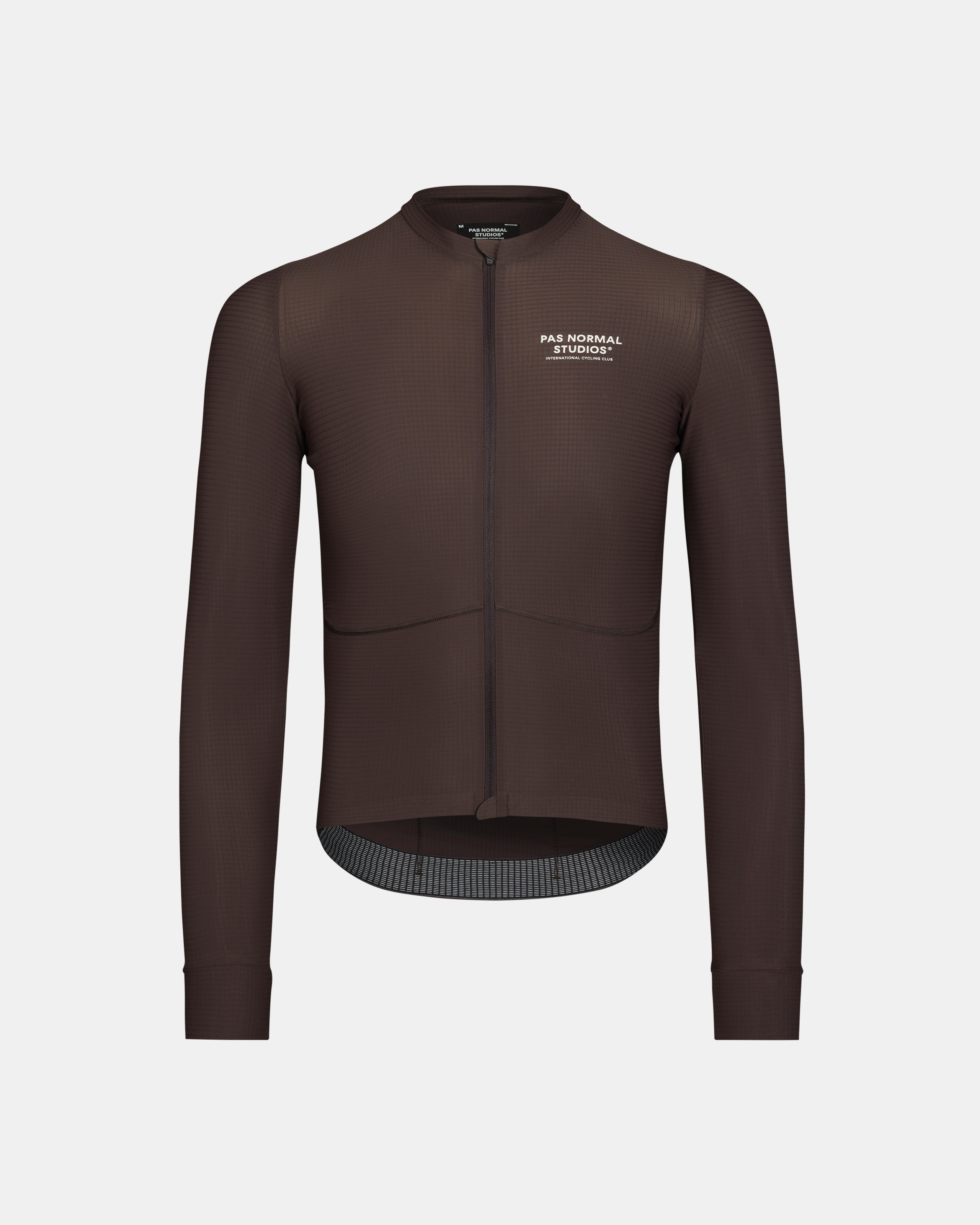 Brown Mechanism Pro long sleeve cycling jersey front view with white chest logo